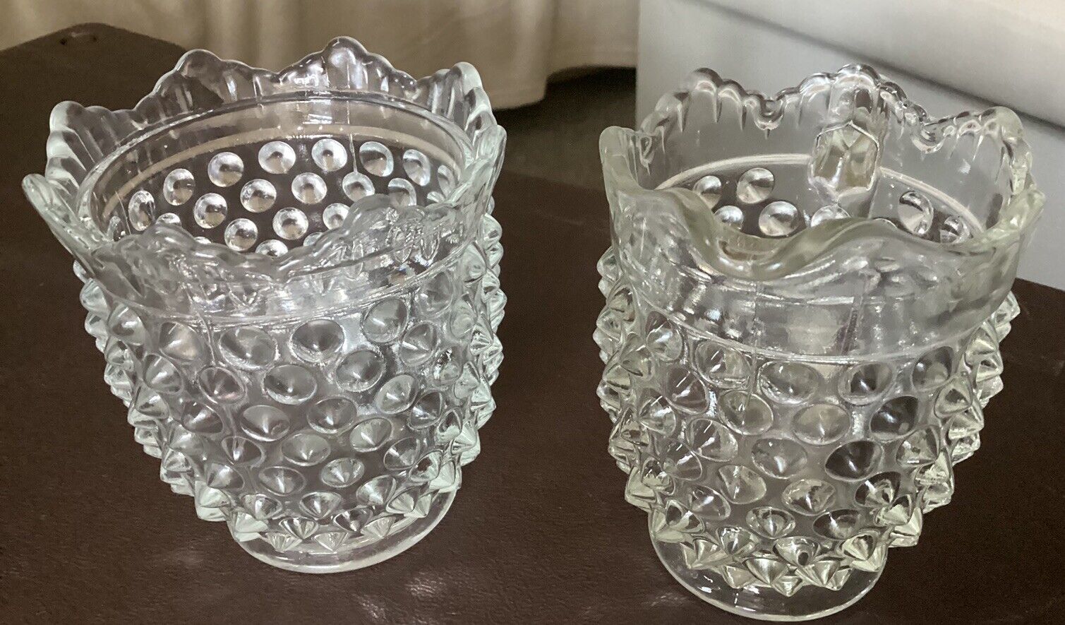 Vintage Fenton Clear Glass Hobnail Creamer And Open Sugar Set Pair Scalloped Rim
