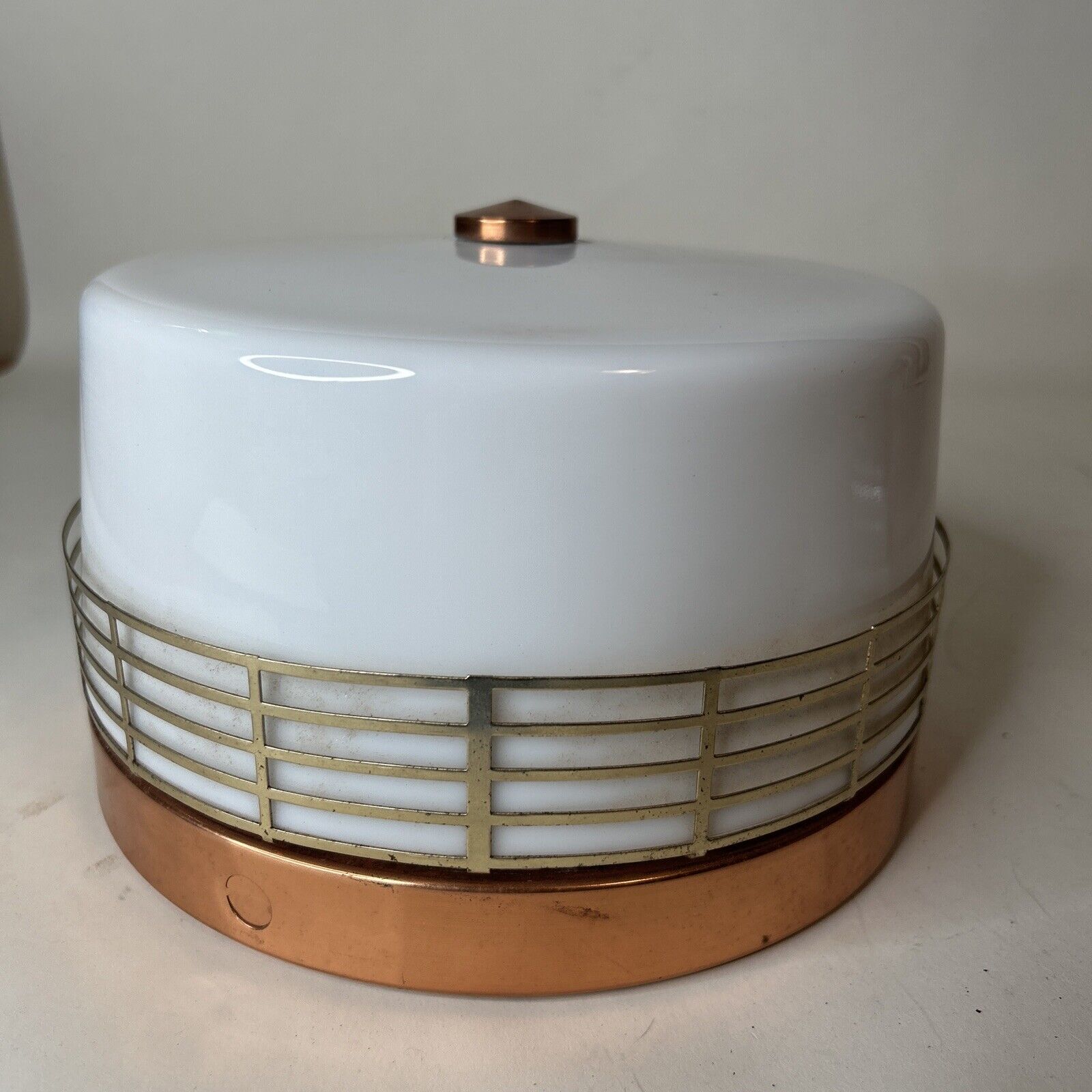 Mid Century Modern Ceiling Light Fixture Round Copper Gold White Glass Authentic