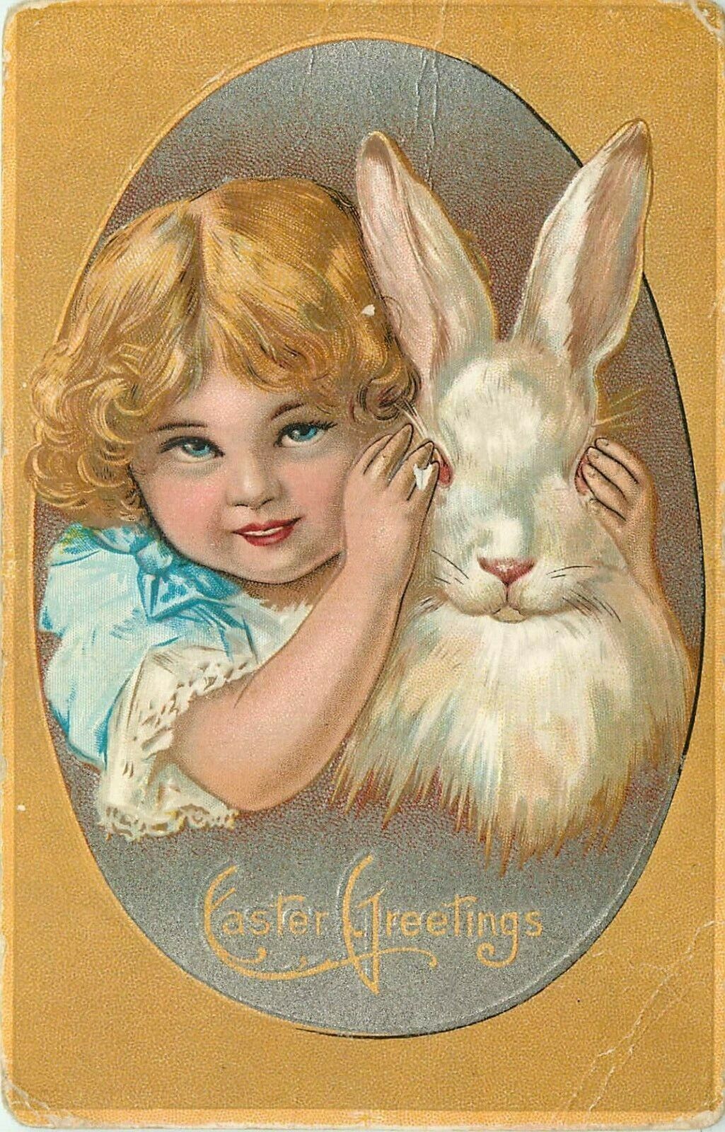 Little Girl with Bunny Rabbit Chick Easter Greetings Postcard