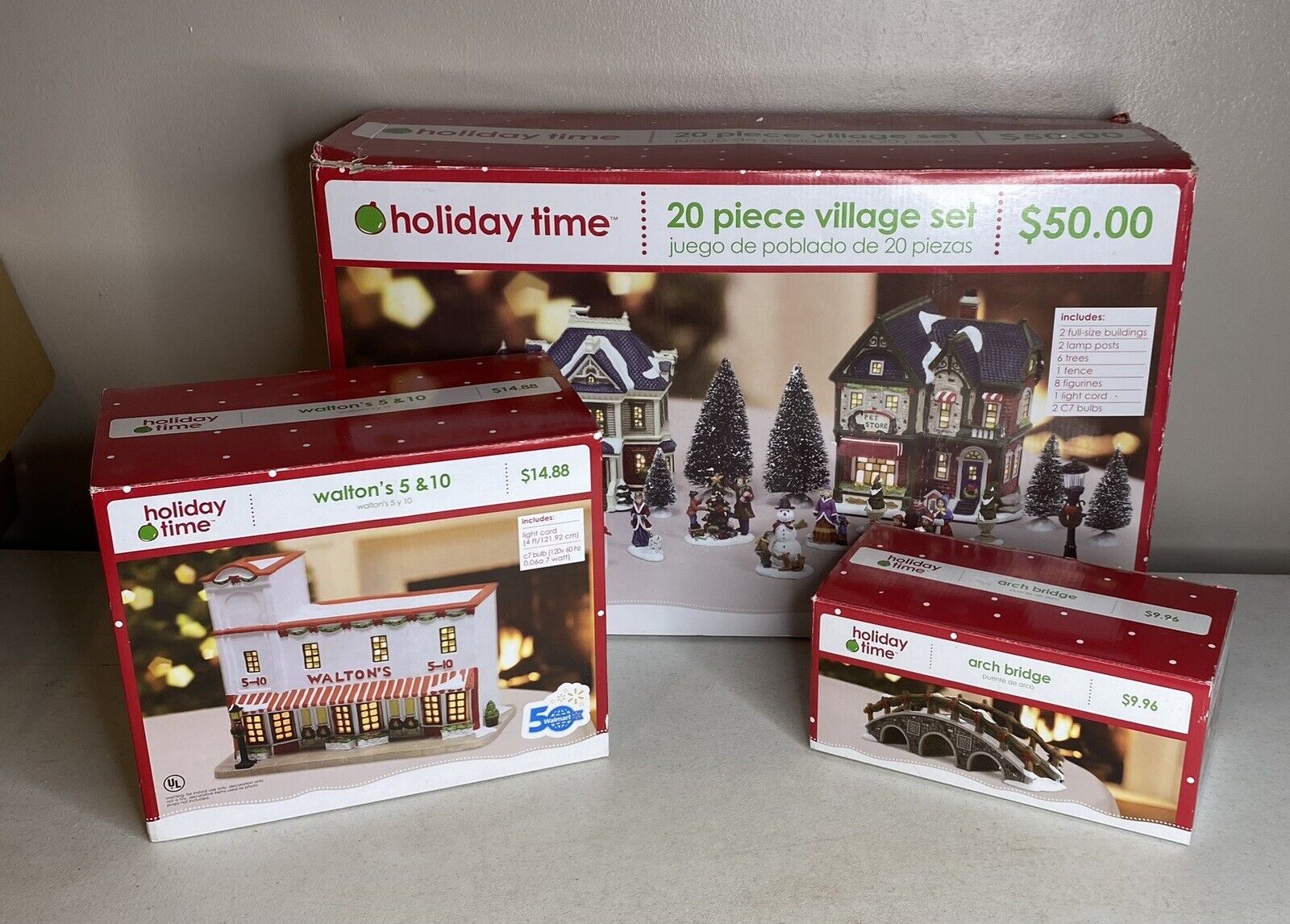 3 Holiday Time Christmas Village Sets: 20-Piece Set, Walton's 5 10,  Arch Bridge
