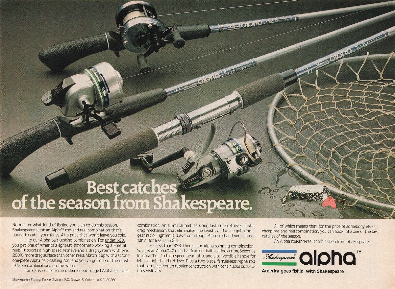 Shakespeare Alpha Reels Rods Fishing 80\'S Vtg Print Ad 8X11 Wall Poster Art