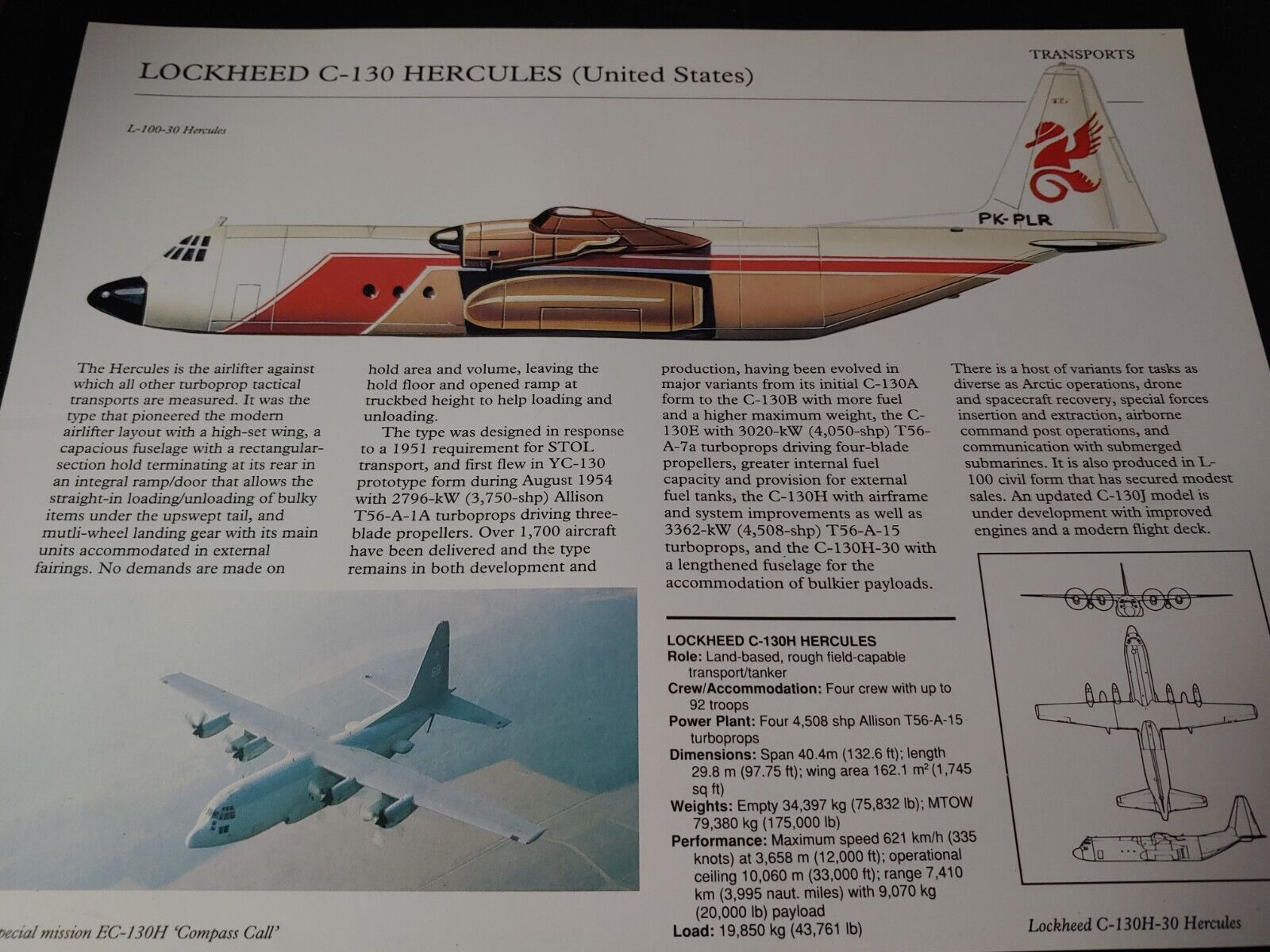 UNIQUE ~ Lockheed C-130 Hercules Military Airplane Aircraft Profile Data Print