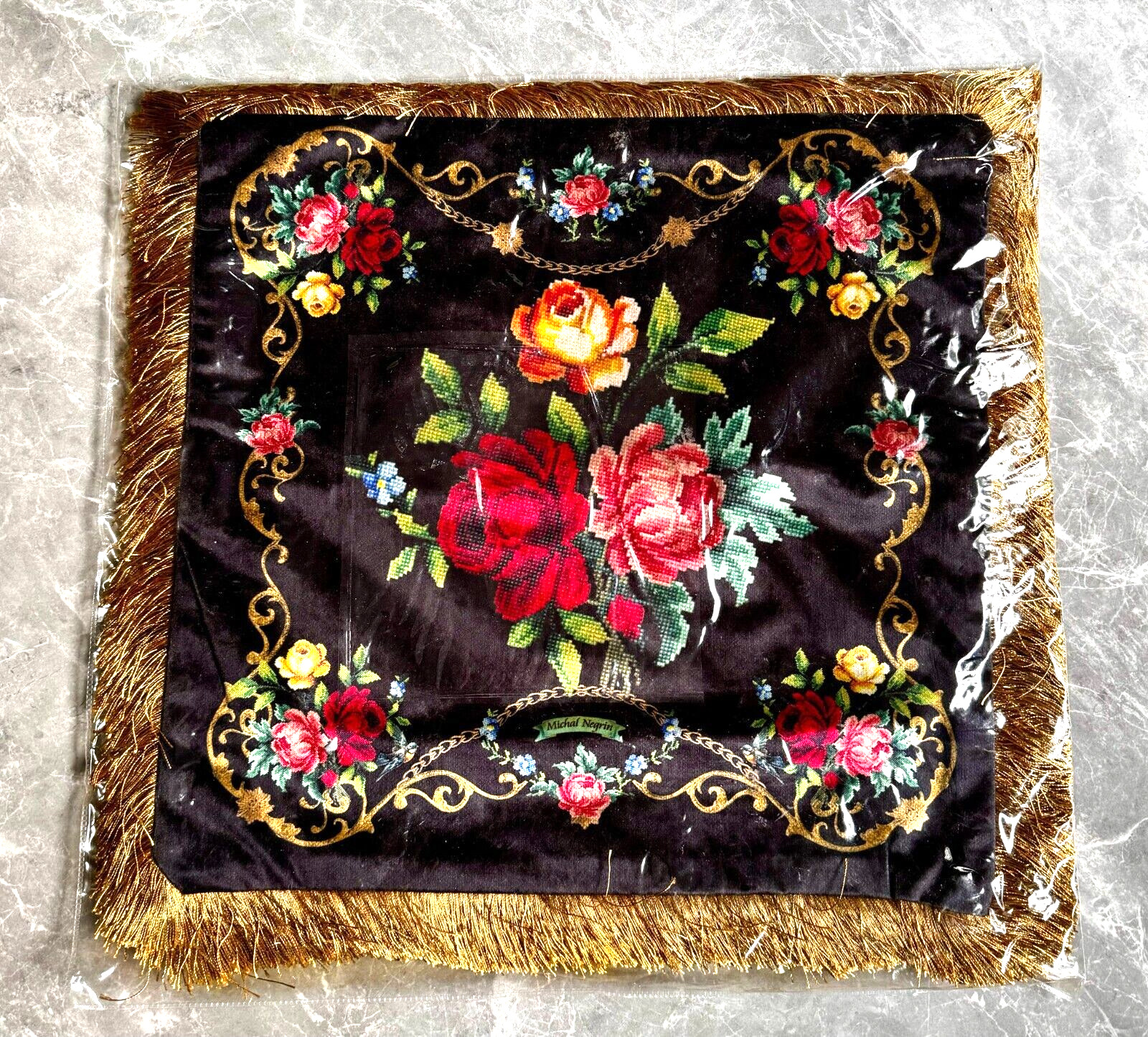 Decoration Michal Negrin Beautiful Black Velvet Pillow Cover  Colorful flowers.