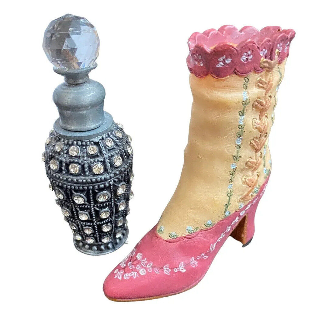 Vtg Mini Victorian Boot Floral Crystal Perfume Bottle 1800s Figurine Decor Set