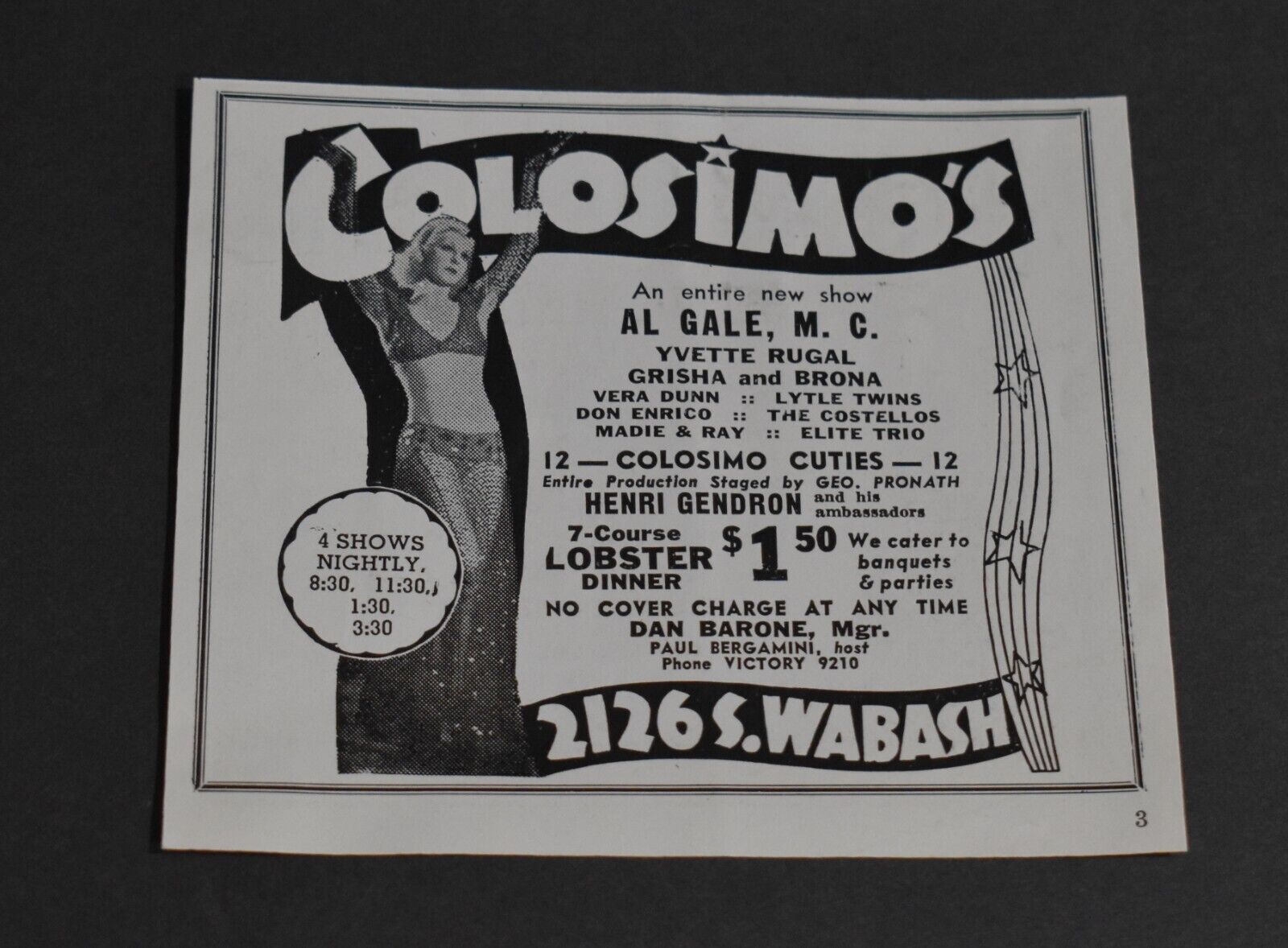 1938 Print Ad Colosimo\'s 2126 S Wabash Chicago Night Club Yvette Rugal Grisha