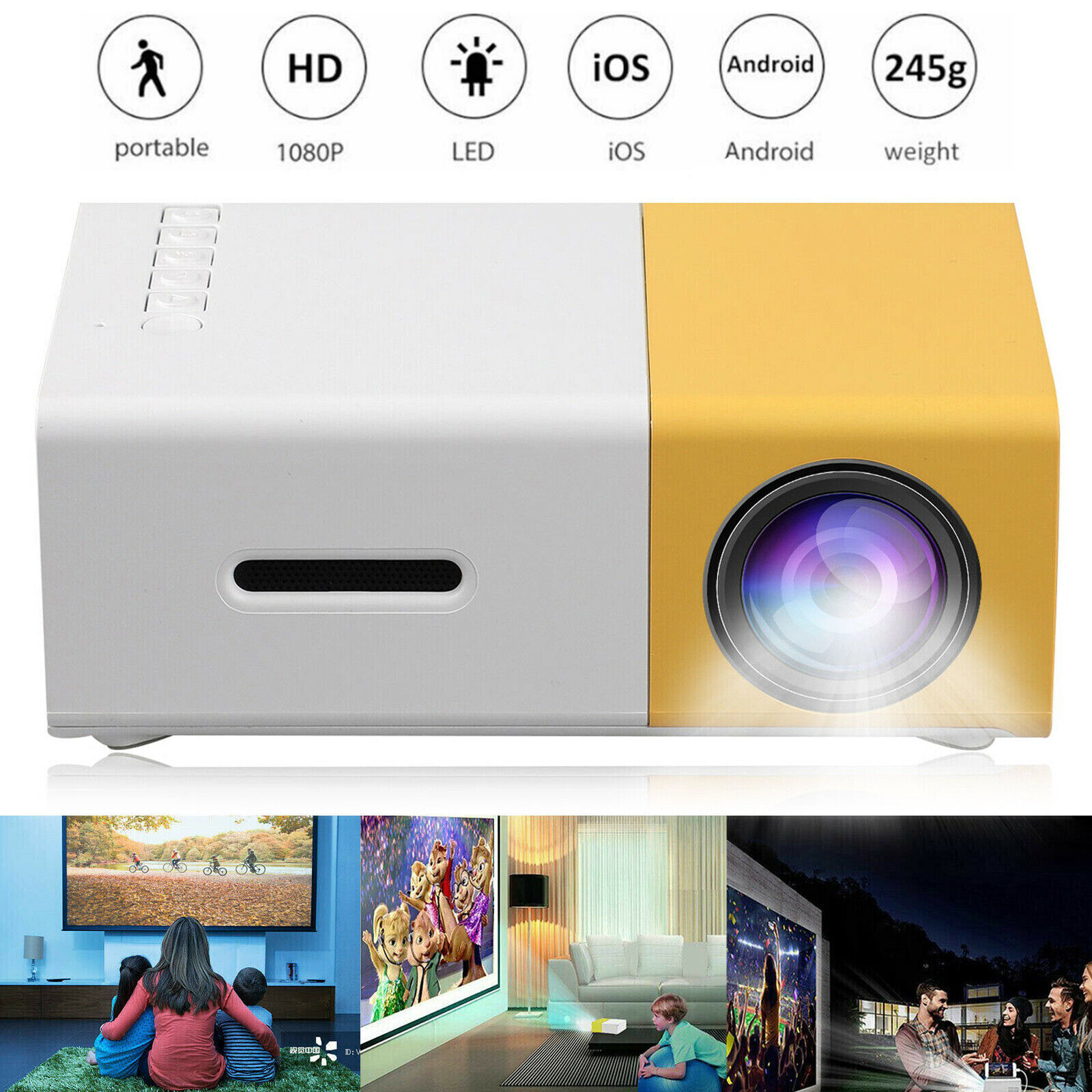 1080P HD Portable Mini LED Projector Smart Home Theater Cinema Movies VGA/USB/SD
