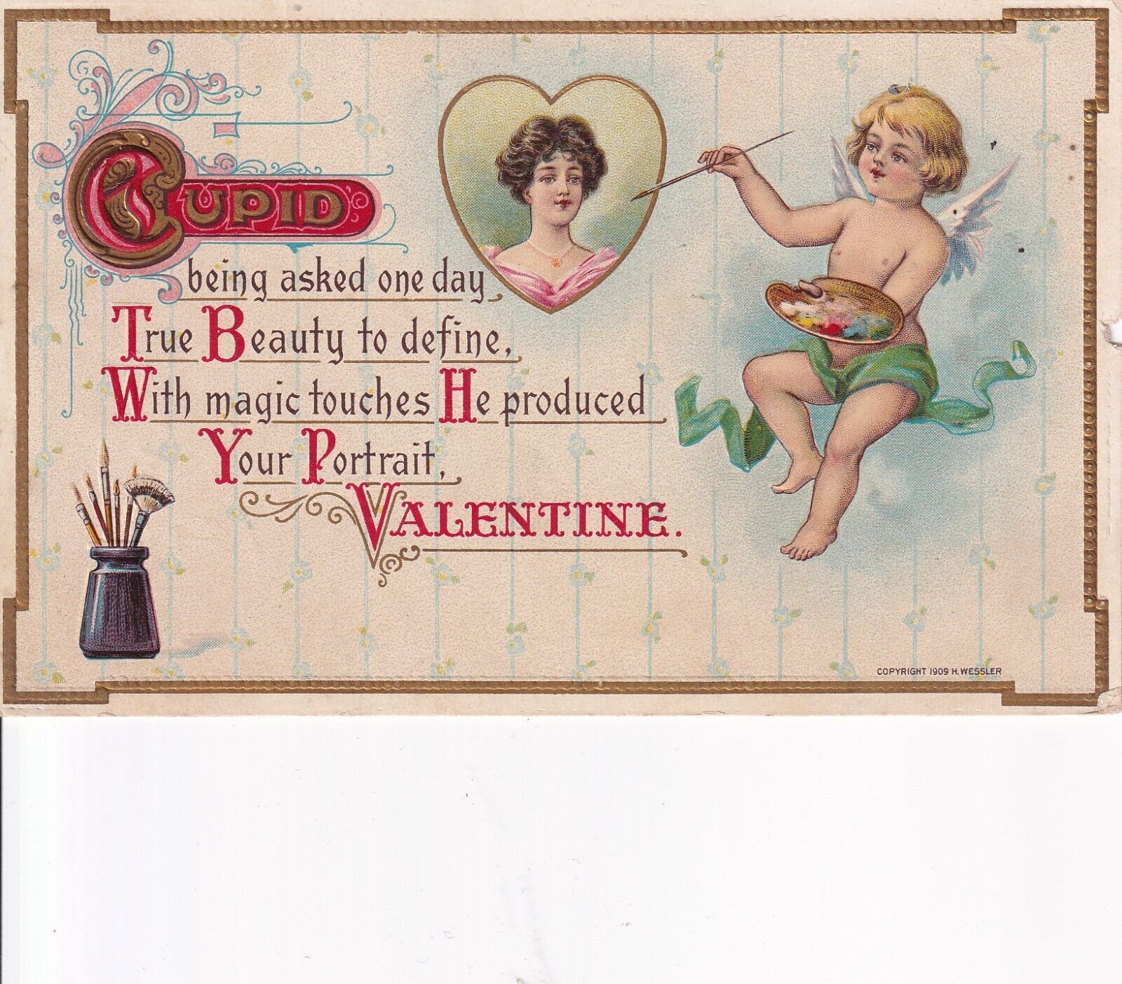 Vintage Valentines Day Postcard Early 1900s Cupid Painting Portrait Pretty Girl