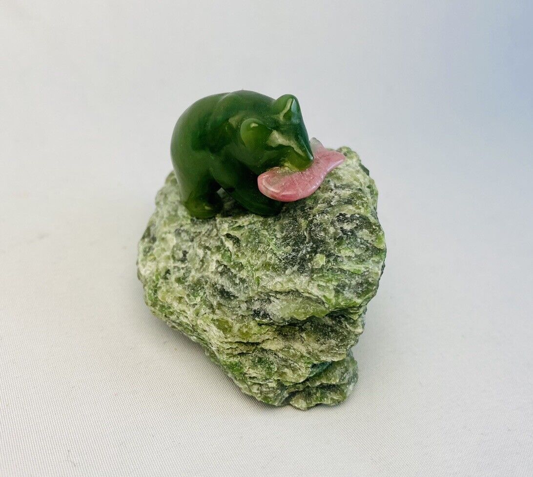 Vintage Nephrite Jade Bear with Rhodonite Fish In Mouth On Nephrite? Stone - 2”