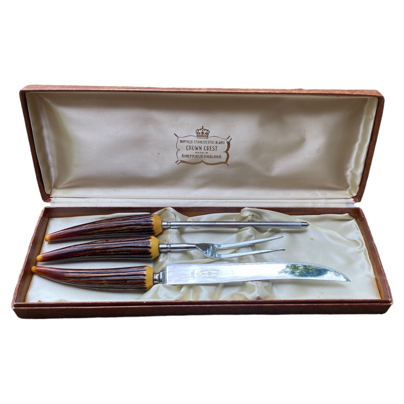 VTG Crown Crest Sheffield England Carving Set Faux Antler Stainless Steel 3 Pc