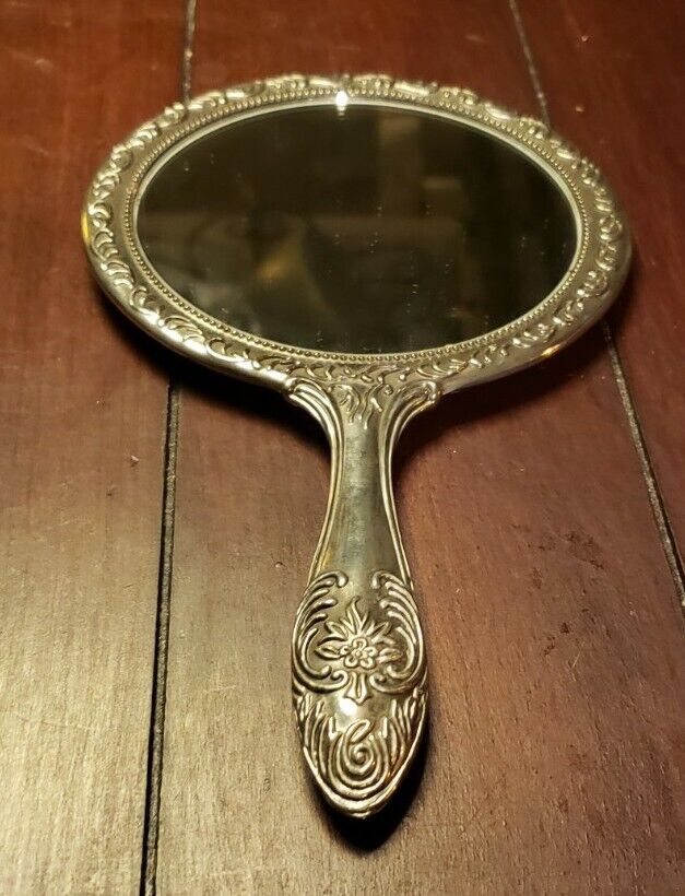 Vintage Antique Silver Plated Ornate Vanity Hand-Held Mirror Heavy