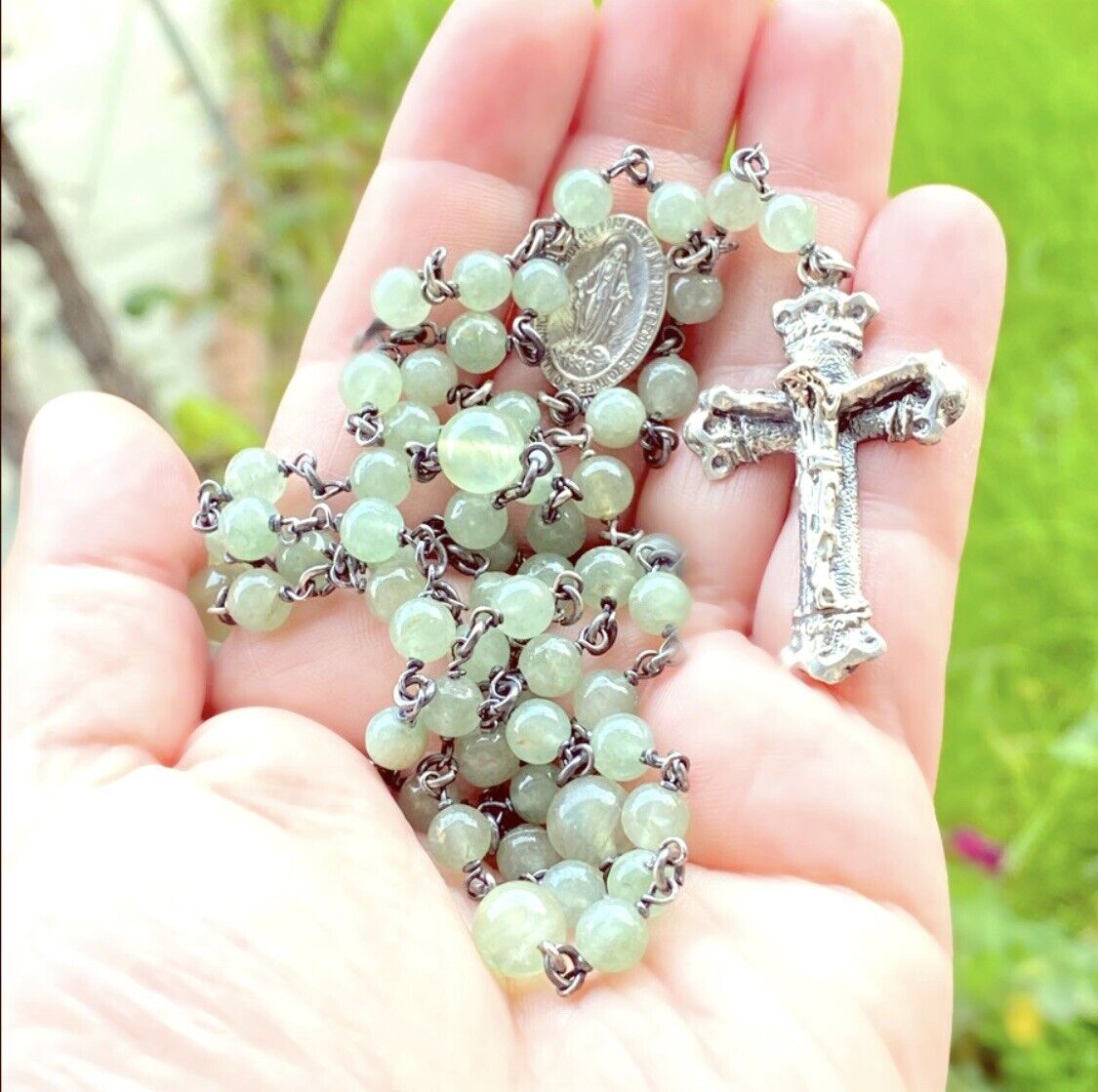 925 AnTique Sterling Silver Cross Charm Natural Green Aventurine Crystal Rosary