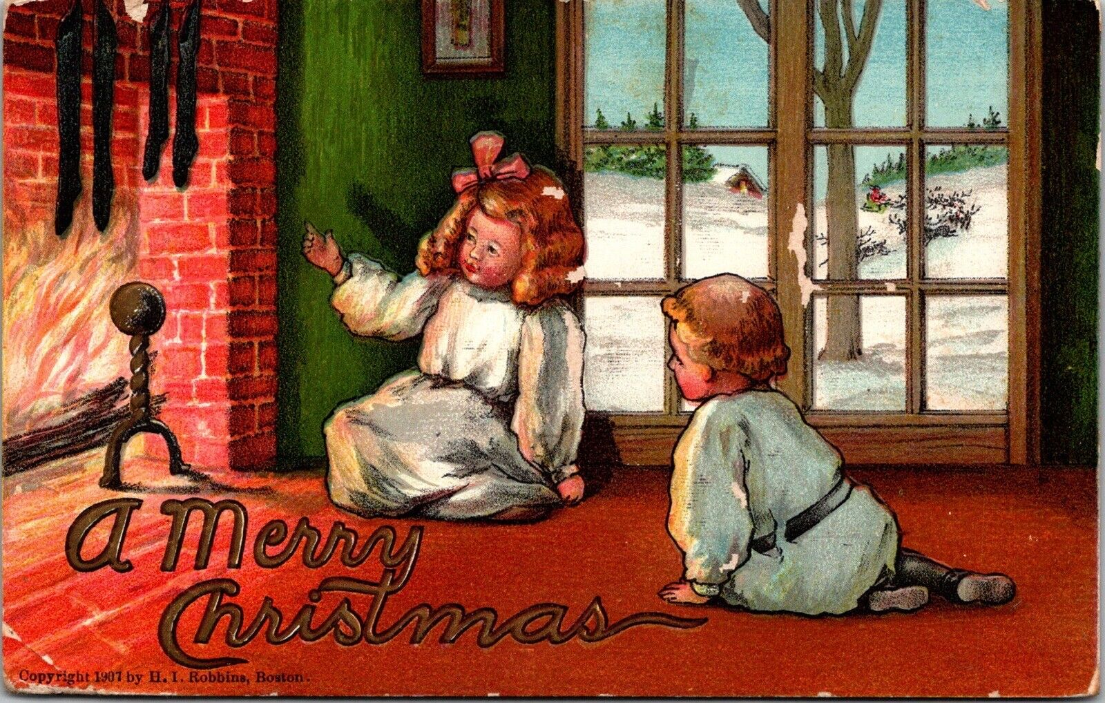 1907 EMBOSSED ROBBINS POSTCARD-A MERRY CHRISTMAS-CHILDREN WITH FIREPLACE J37