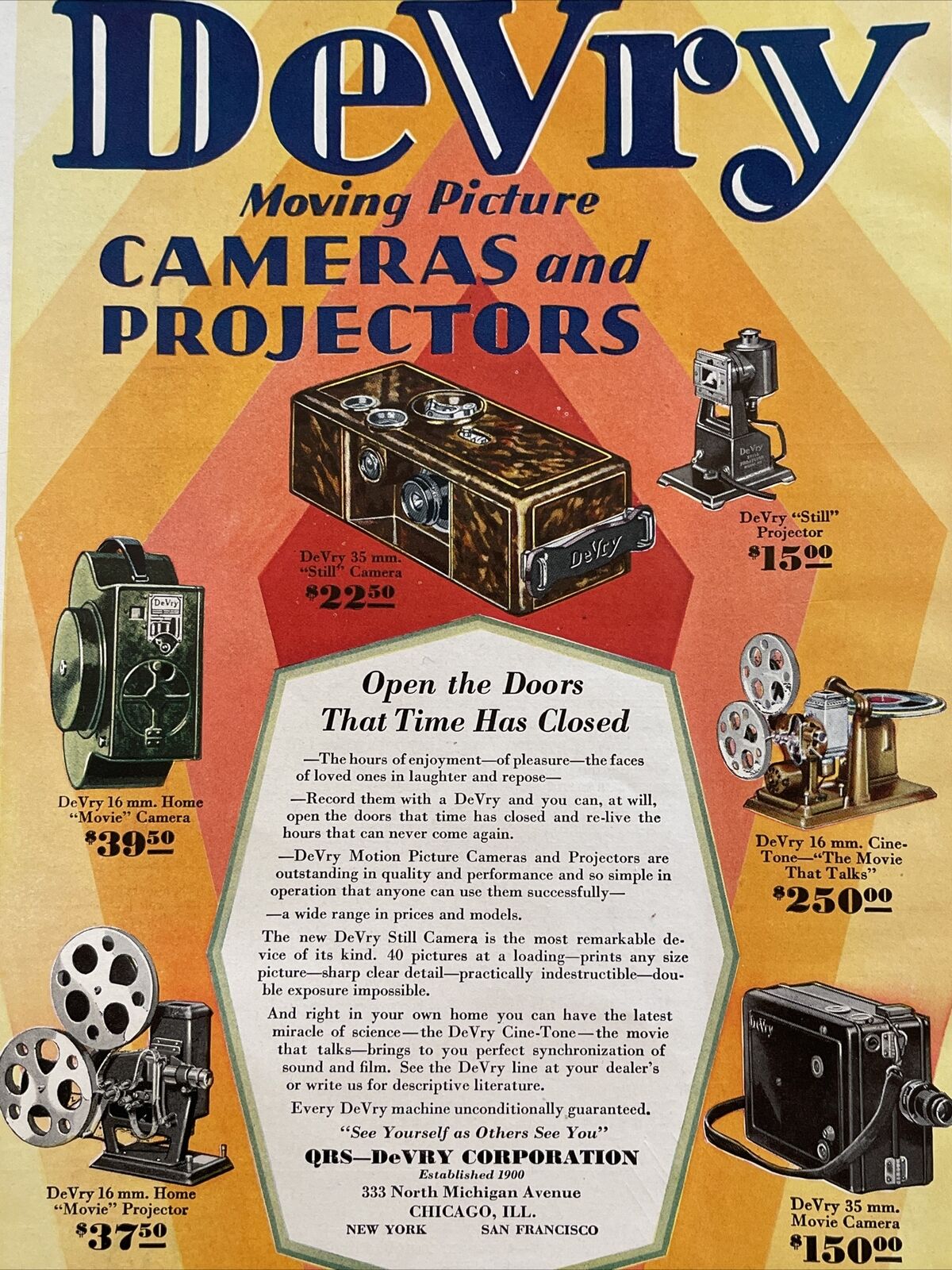 1929 DeVry Moving Picture Camera Projector Talking Movie Color Print Ad Vintage