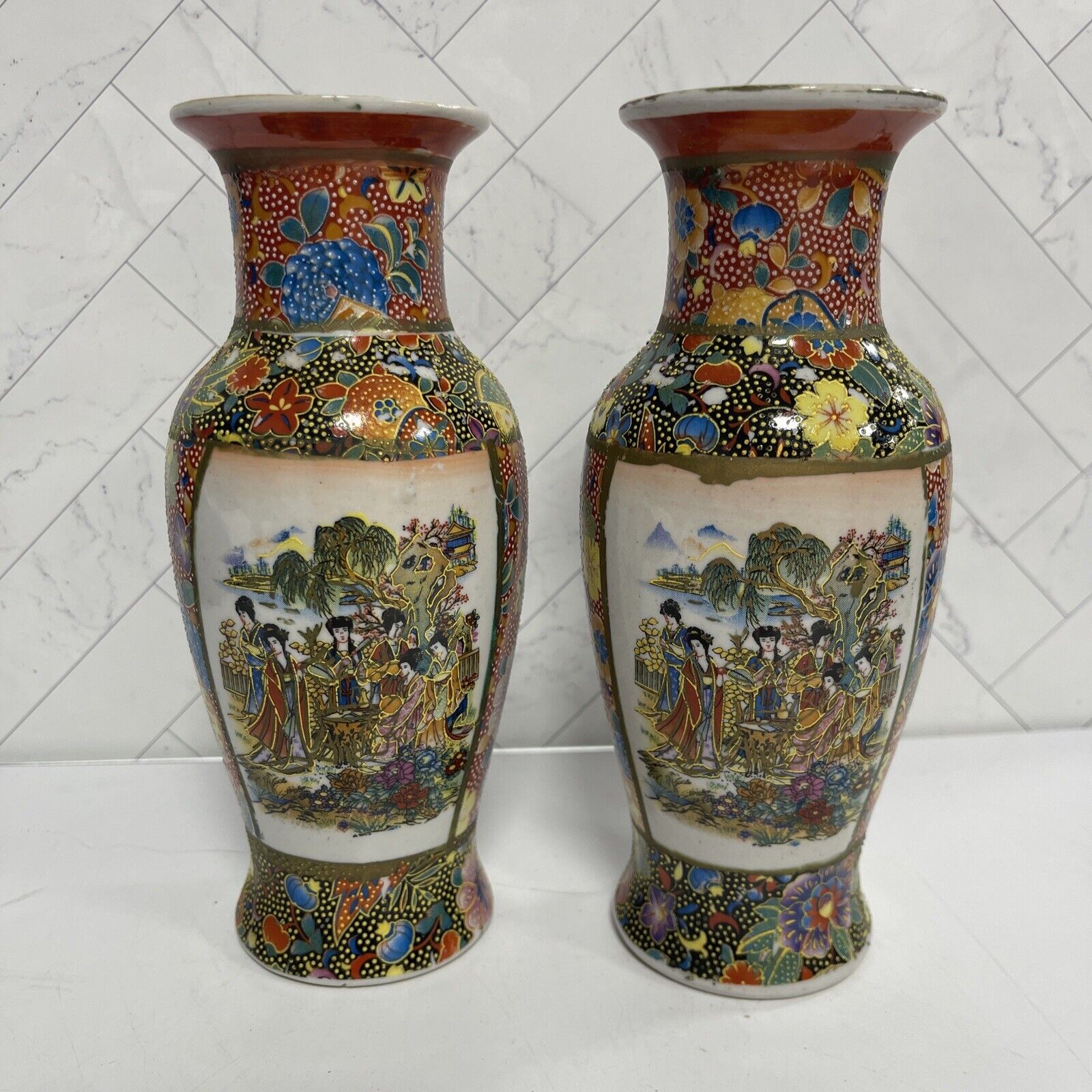 Vintage Antique Hand painted Multicolor Floral Geisha Pointillism Japanese Vases