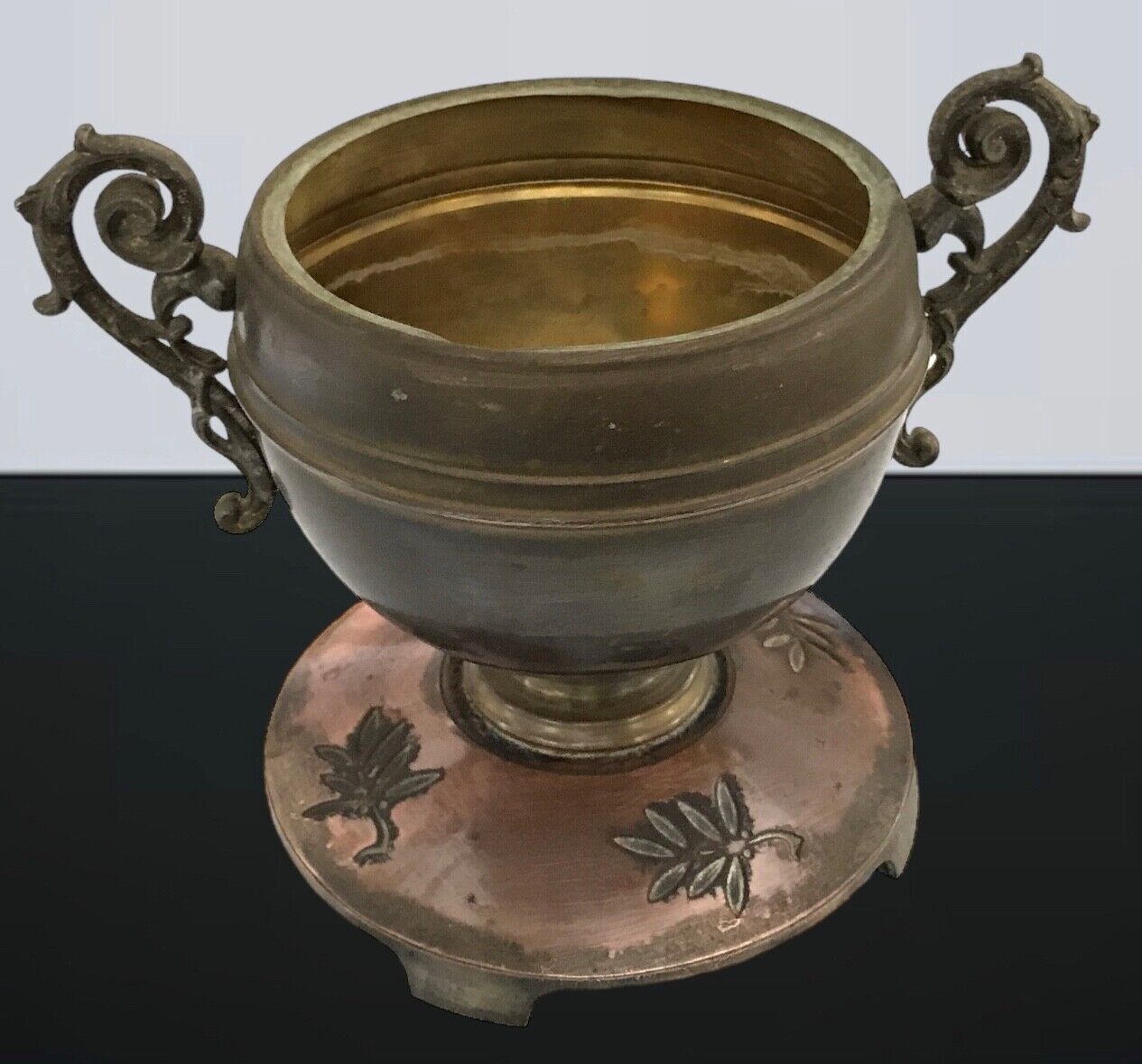 VTG Bradley & Hubbard B&H Pedestal Ornate Two-Handle Oil Lamp Brass~Copper~Urn