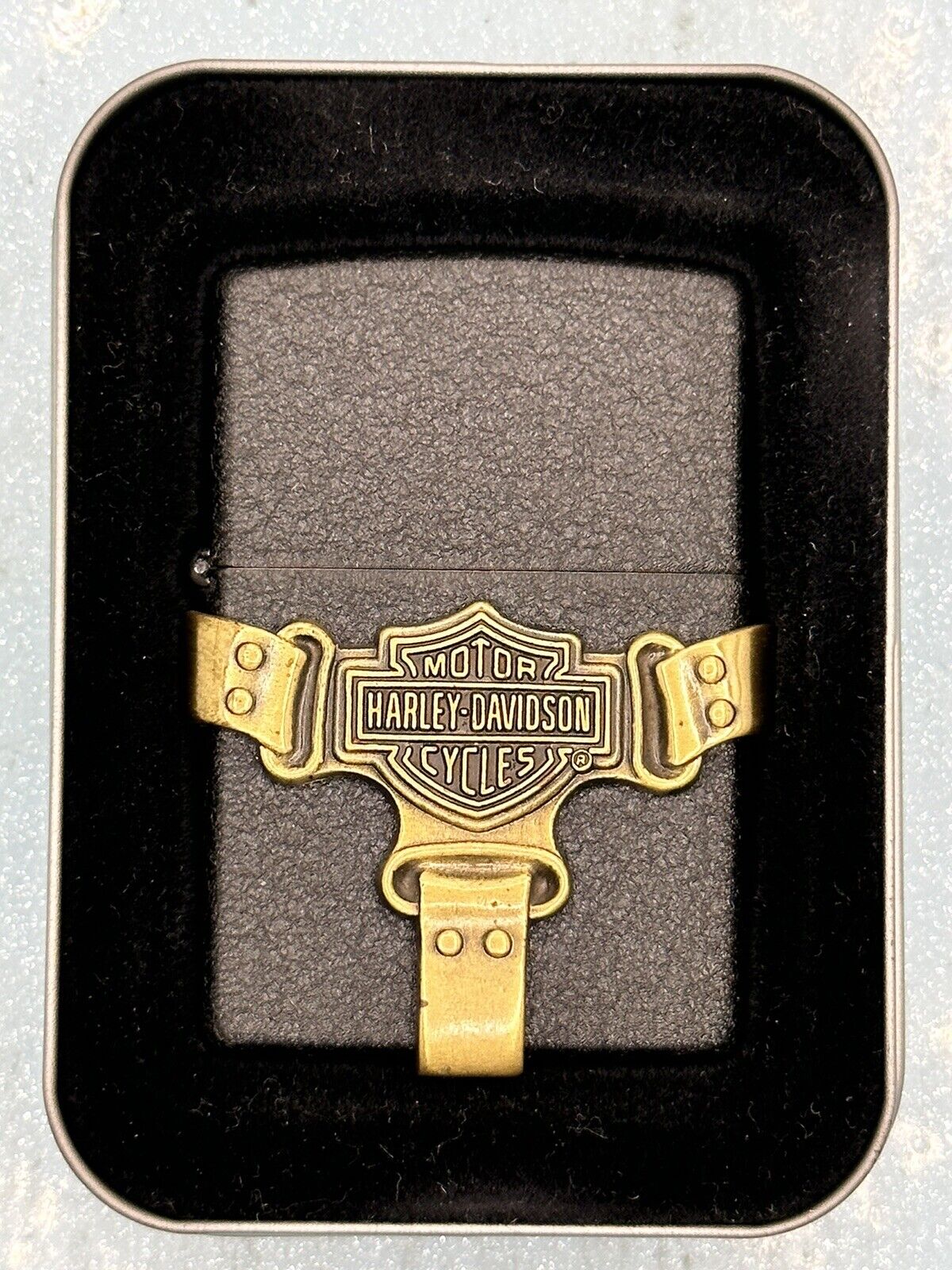 Vintage 1999 Harley Davidson Gold Boot Strap Emblem Black Matte Zippo Lighter