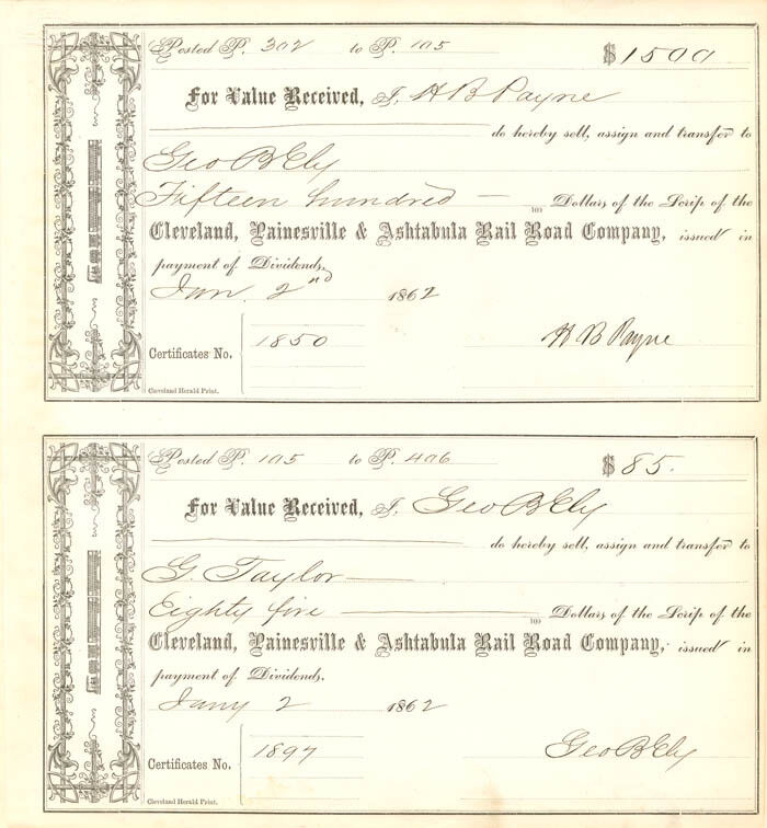 Cleveland, Painesville and Ashtabula Rail Road Co. - H.B. Payne signed Stock Cer