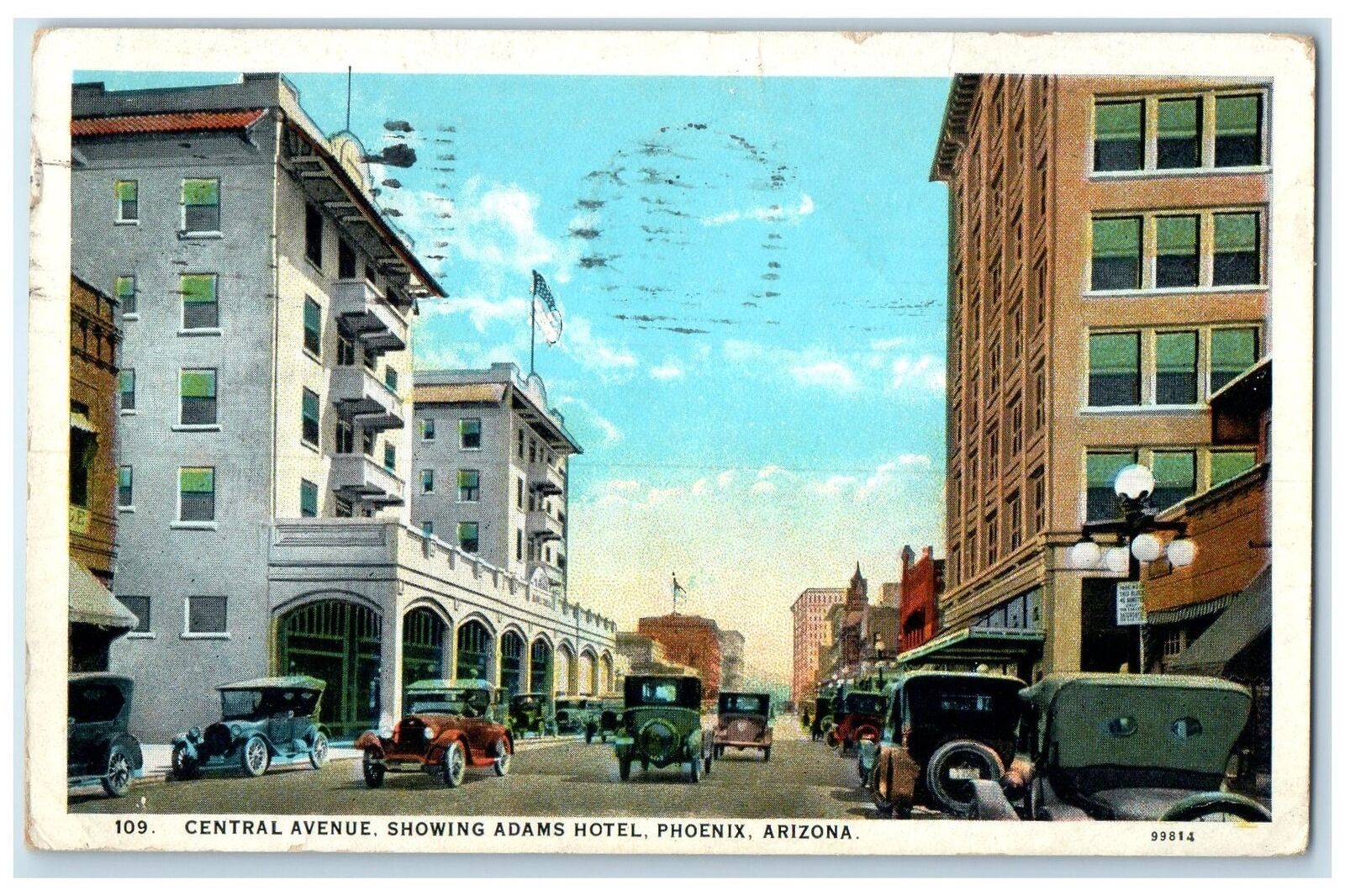 1927 Central Avenue Showing Adams Hotel Phoenix Arizona AZ Posted Cars Postcard