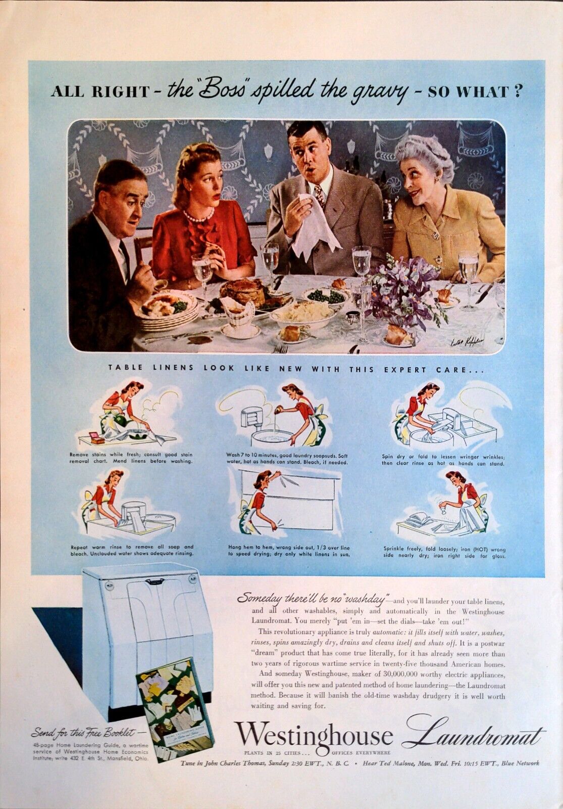 1944 Westinghouse Print Ad Laundromat Wash Table Linens Washables Automatically