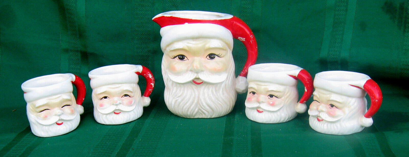 Unusual 1950s 5 pc Santa Pitcher & Mug Set - Each Mug Face Different