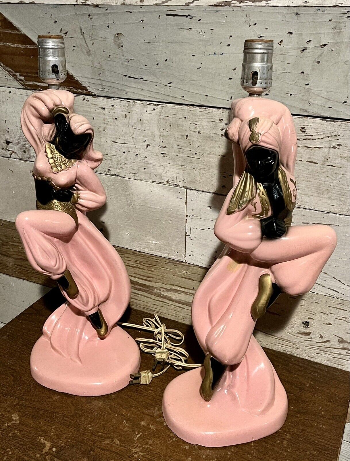 1940-50’s Mid Century Set of Chalkware Table Lamps Woman/Man Pink Dancers-RARE