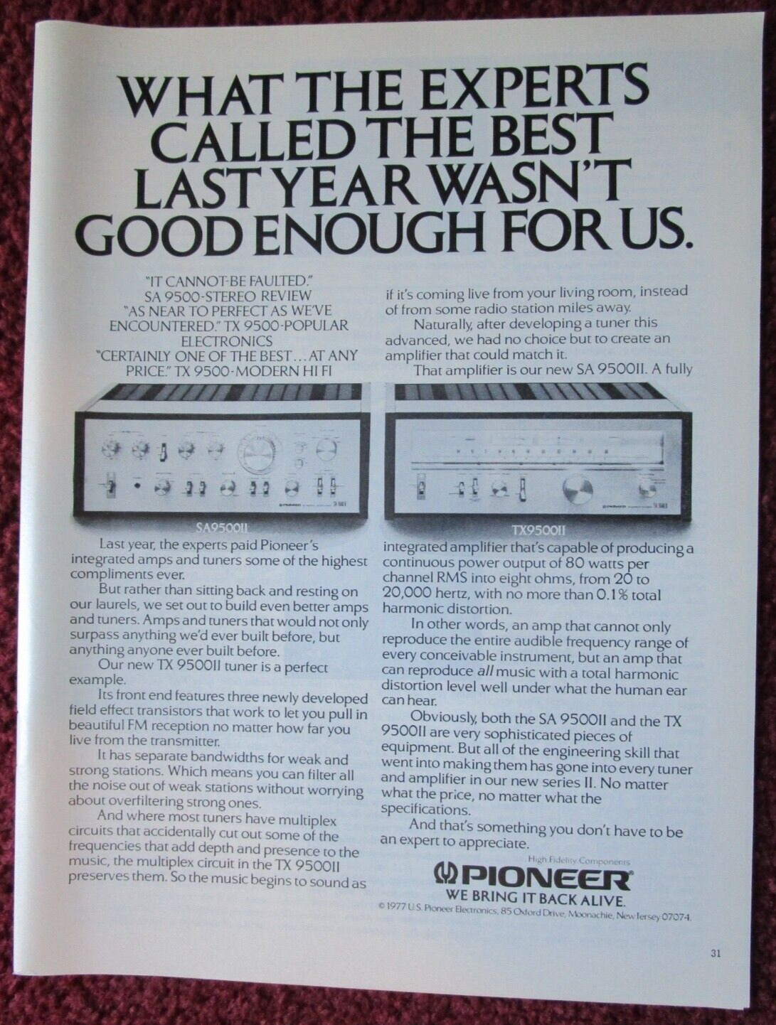 1977 PIONEER TX9500II, SA9500II Amp & Tuner Print Ad ~ Wasn\'t Good Enough For Us