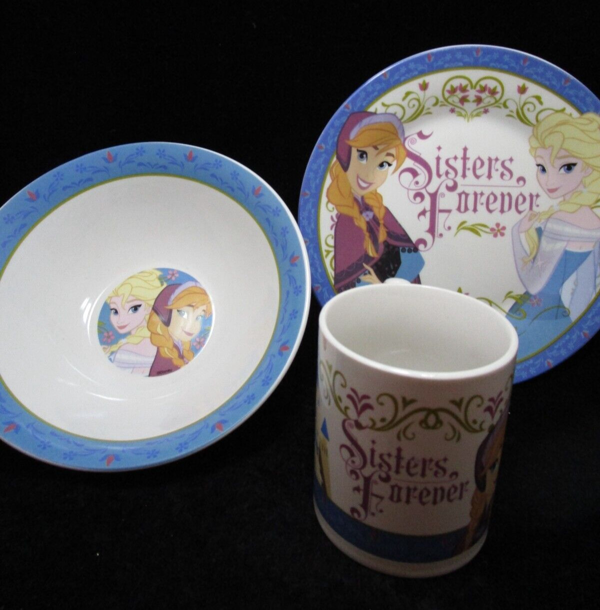 Walt Disney Frozen Sisters Forever Elsa & Anna Plate Bowl and Mug set