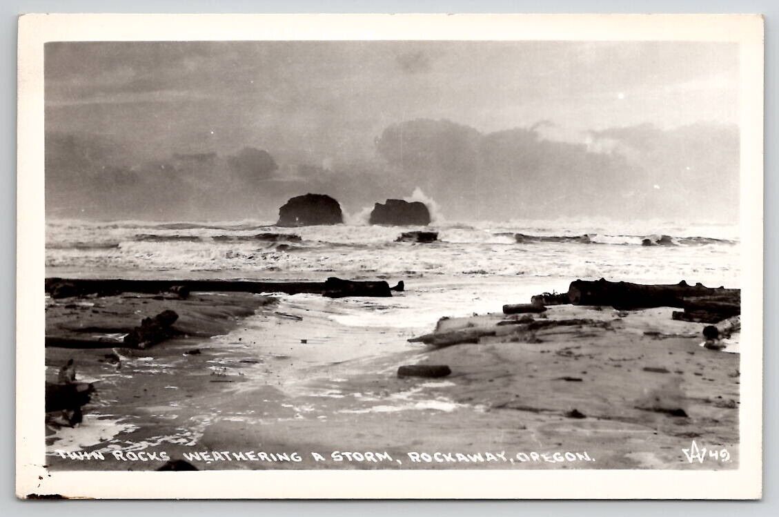 RPPC Twin Rocks Weathering A Storm Rockaway Oregon Real Photo Postcard V24