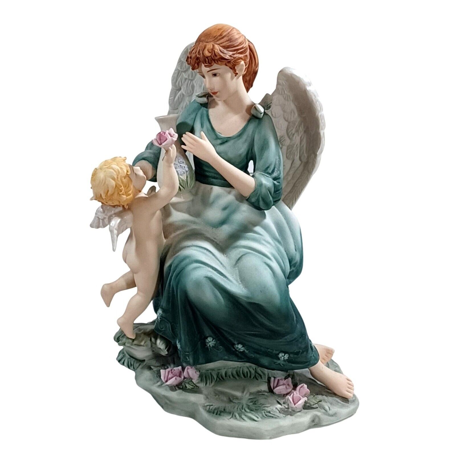 Vtg Victorian Angel Flying Baby Cherub Giving Flowers Statue Figurine Green Gown