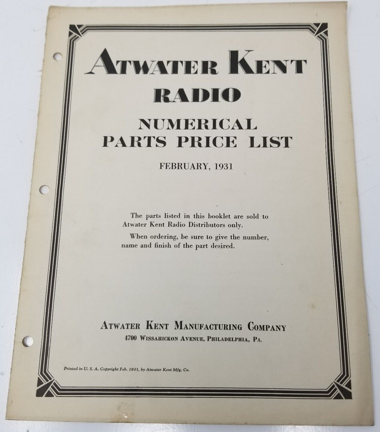 Atwater Kent Radio 1931 February Numerical Price Parts List Base Speaker Spring