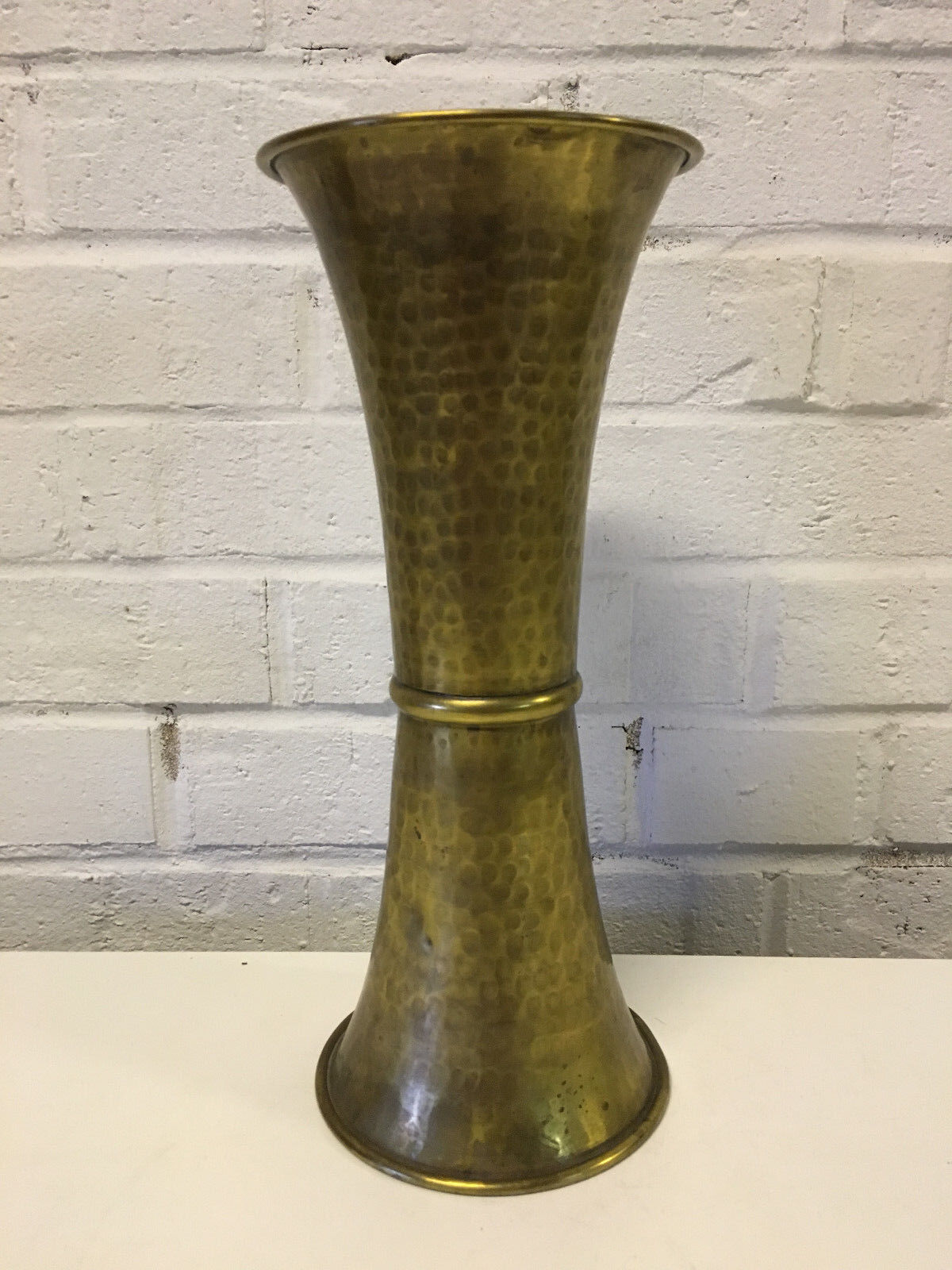 Vtg Antique Russian Hand Hammered Brass Trumpet / Gu Form Vase w/ Mark on Base