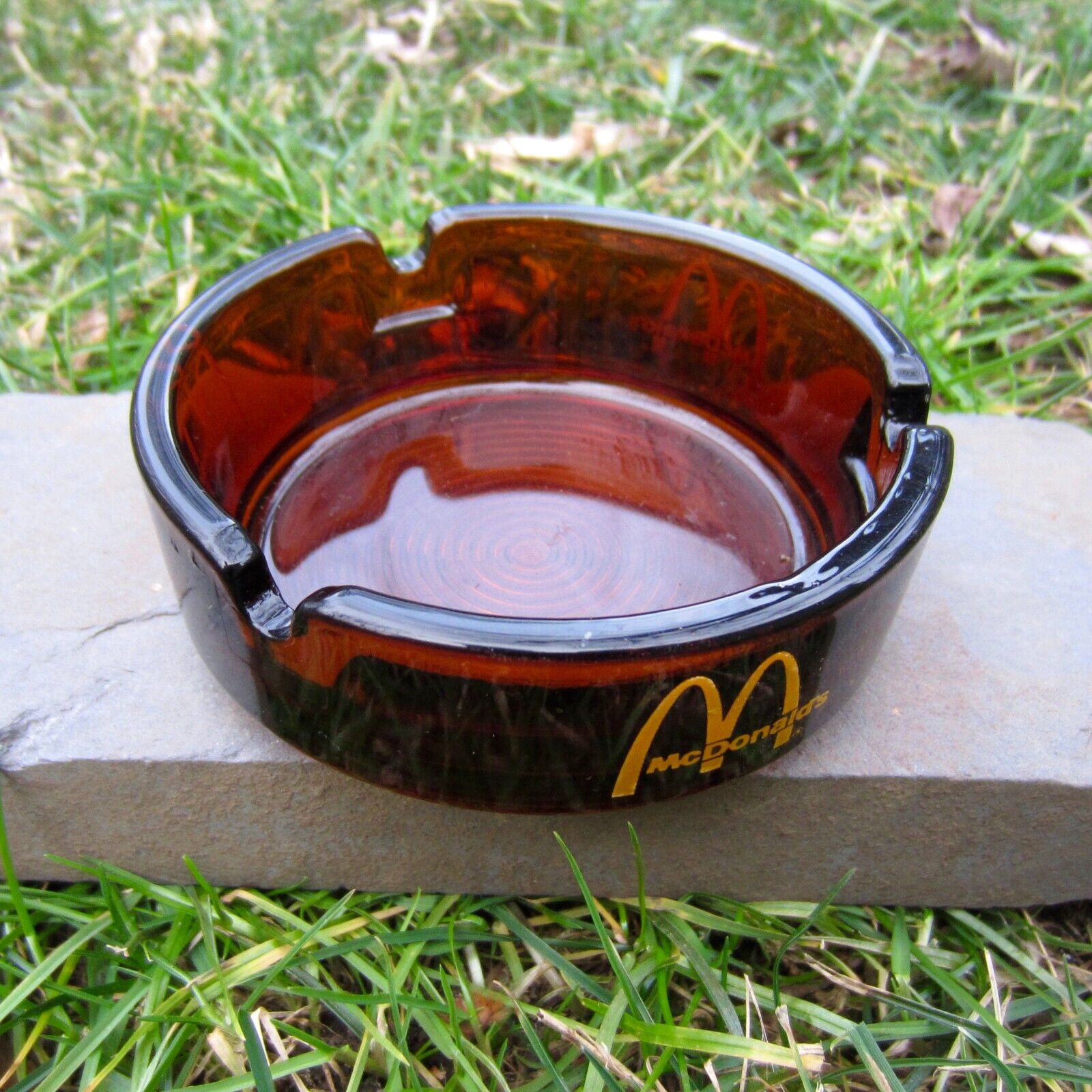 Rare Vintage 70s McDonald's Glass Ashtray Dark Amber Retro Round Spiral Bottom