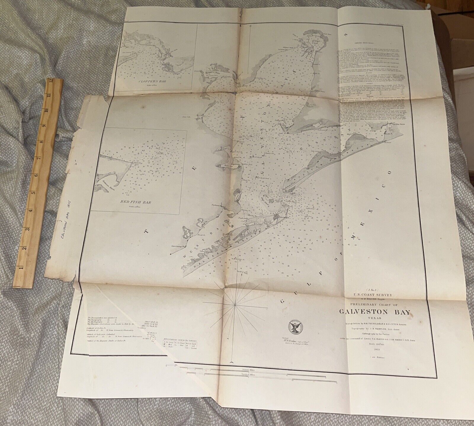 Antique US COAST SURVEY Bache Preliminary Chart of Galveston Bay Texas 1855 4th