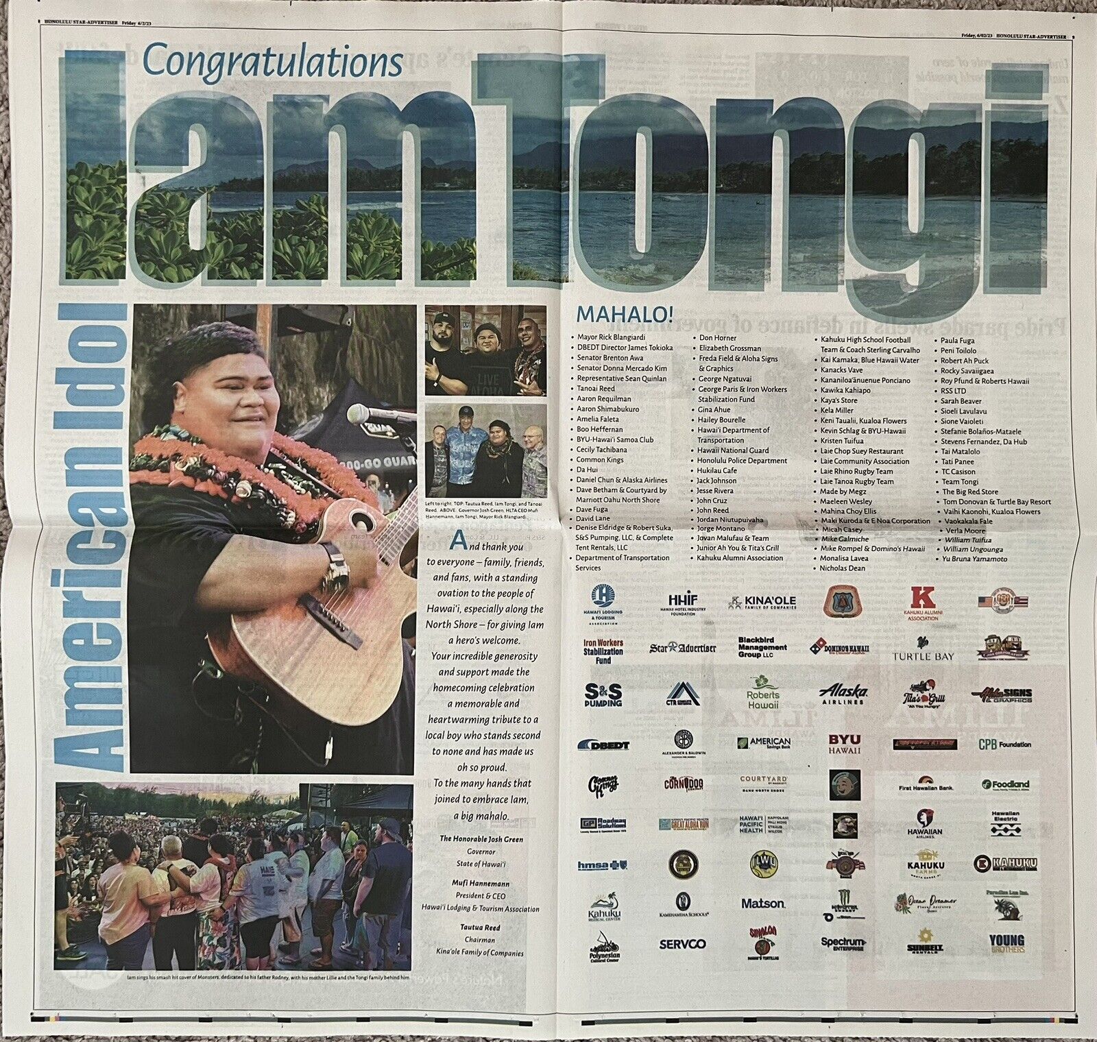 Iam Tongi 2023 American Idol Winner Kahuku HI Honolulu Star-Advertiser 6/2/23