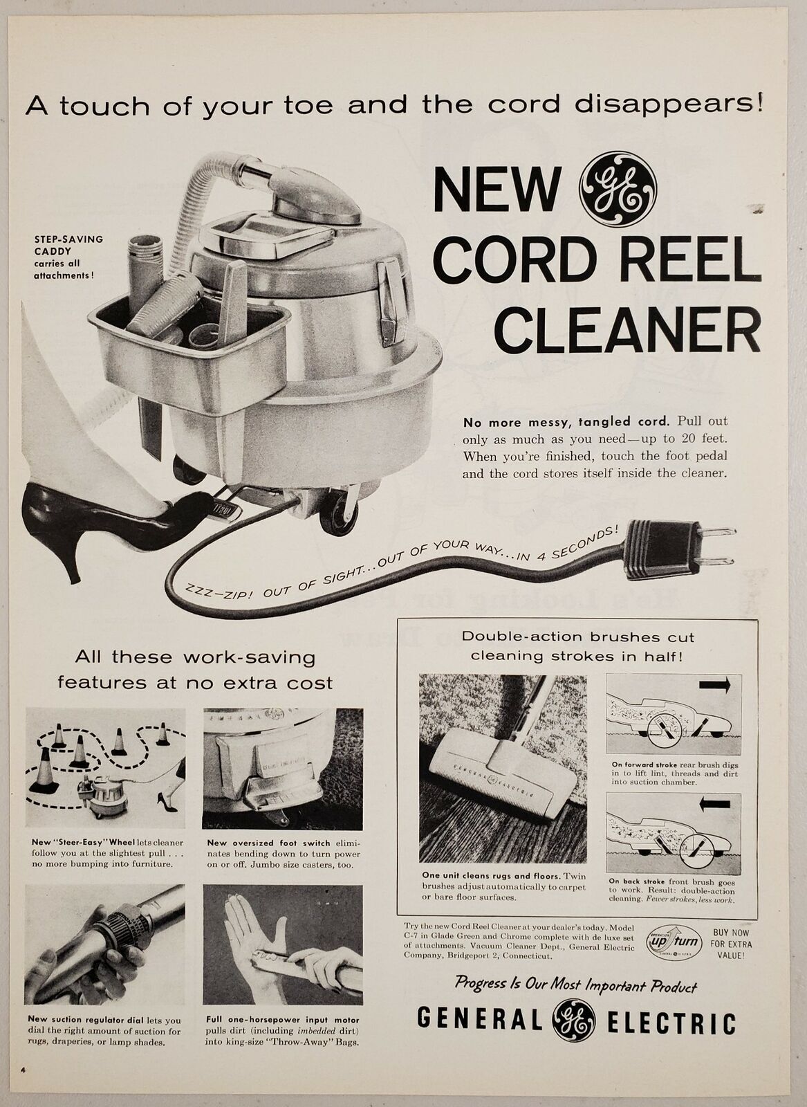 1958 Print Ad New General Electric Cord Reel Vacuum Cleaners Bridgeport,CT