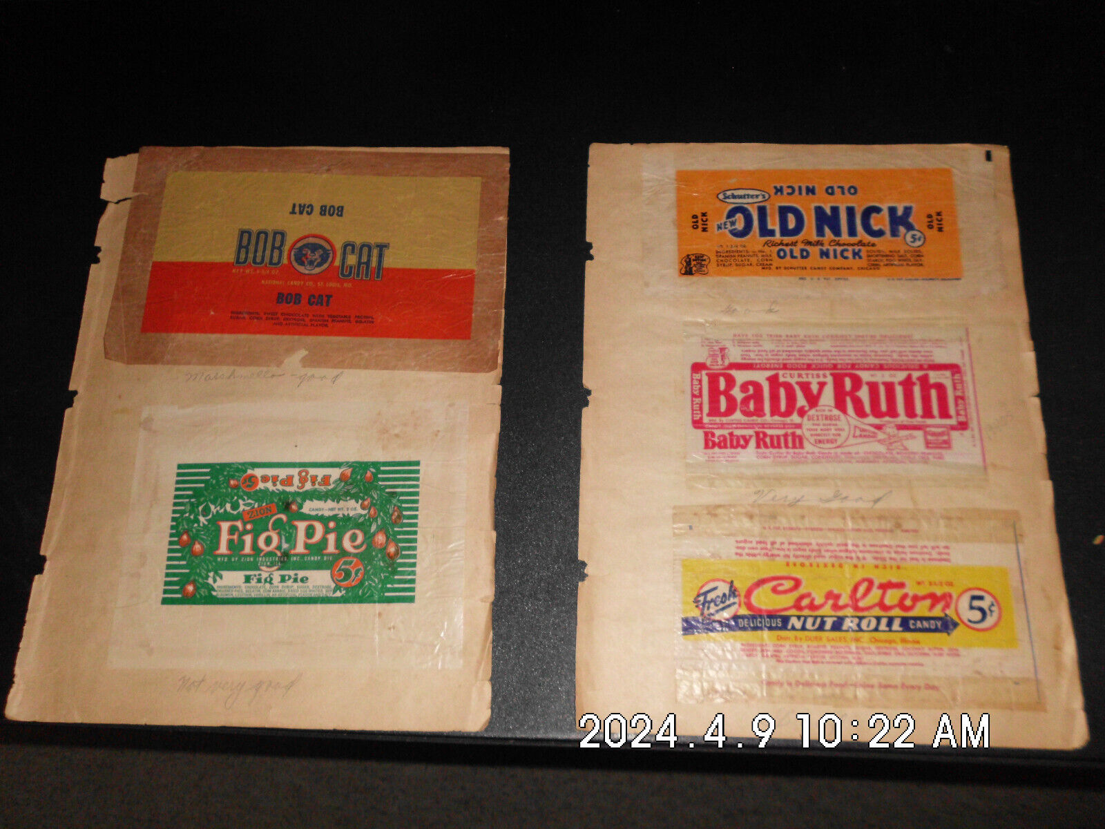 16 vintage candy bar wrappers 1930s-40s on scrap book pages untrimmed whole