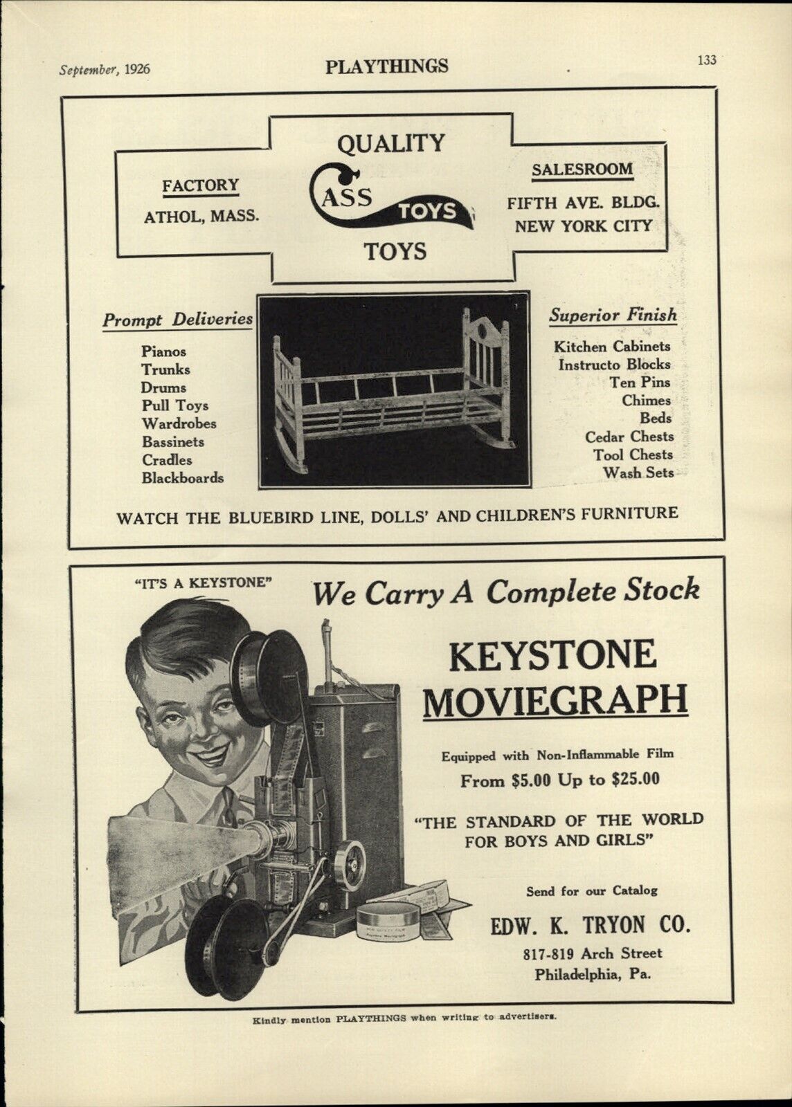 1926 PAPER AD Keystone Moviegraph Movie Projector Tryon 