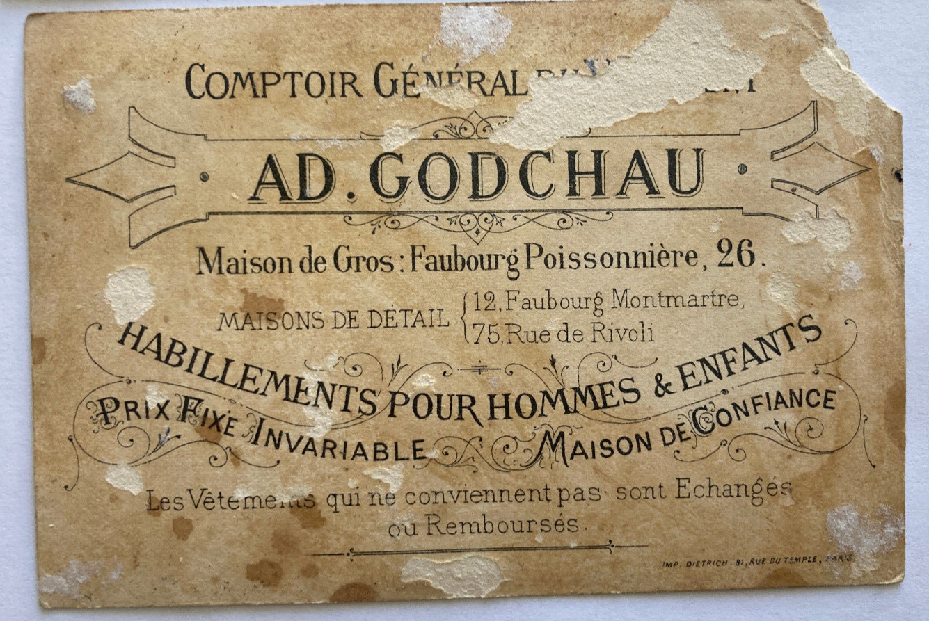 Antique 1880 - 1910s French Trade Card AD. Godchau Clothing for Men and Children