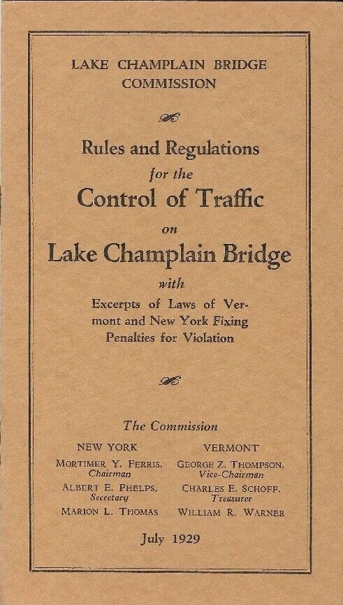 1929 LAKE CHAMPLAIN BRIDGE COMMISSION Traffic Control Rules & Regulations Bklt