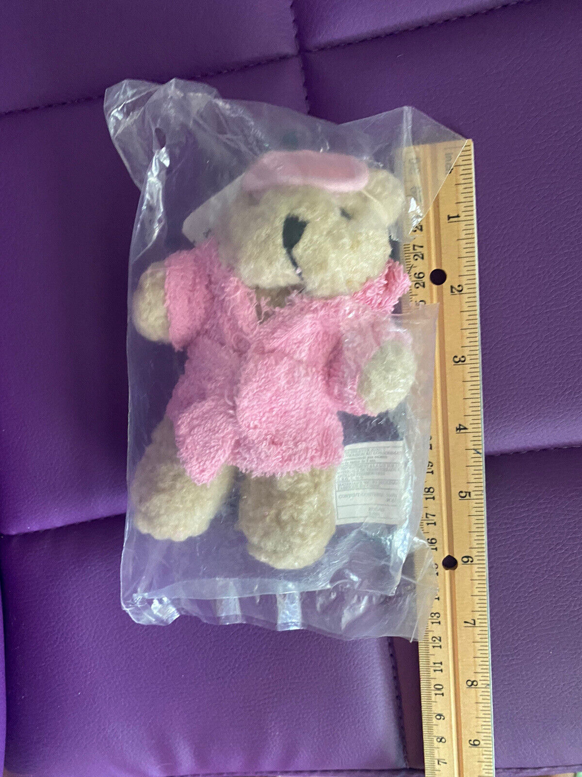Vintage Stuffed Teddy Bear posh Pink Robe Sleepy Night Time Tan Bear hat Easter