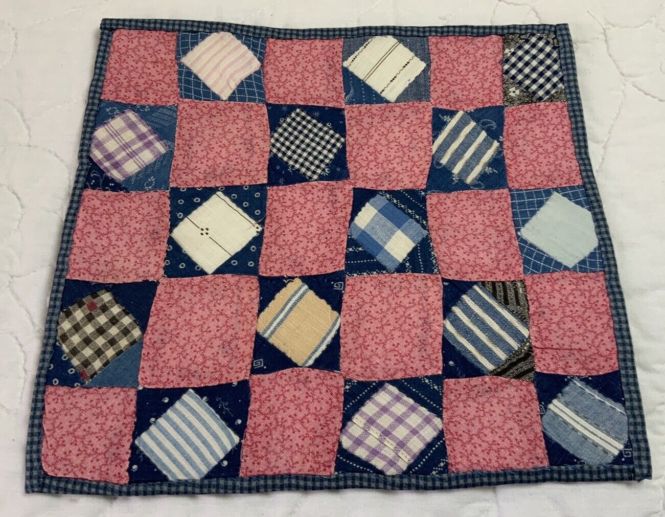 Antique Patchwork Quilt Table Topper, Small Squares & Triangles, Early Calicos