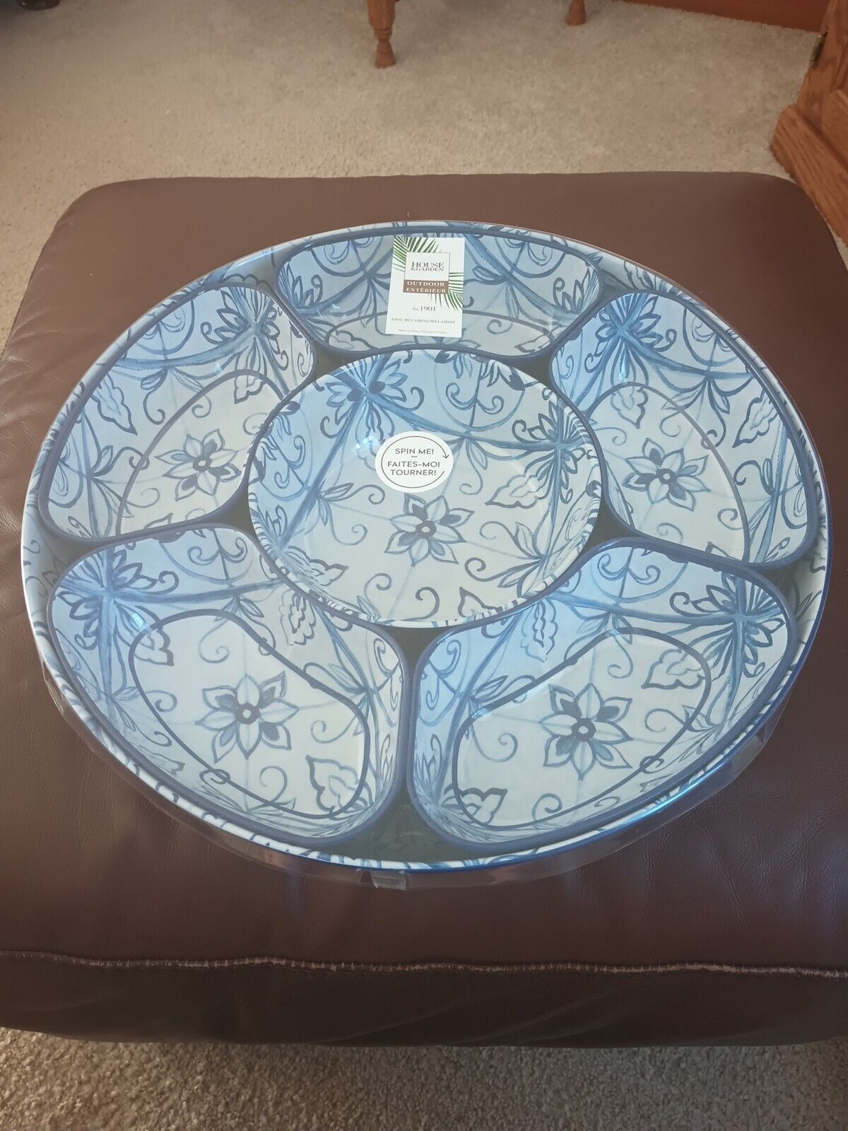 NEW 7-piece Melamine Lazy Susan Blue Floral Solid Serving Tray Spins 6 Bowls 