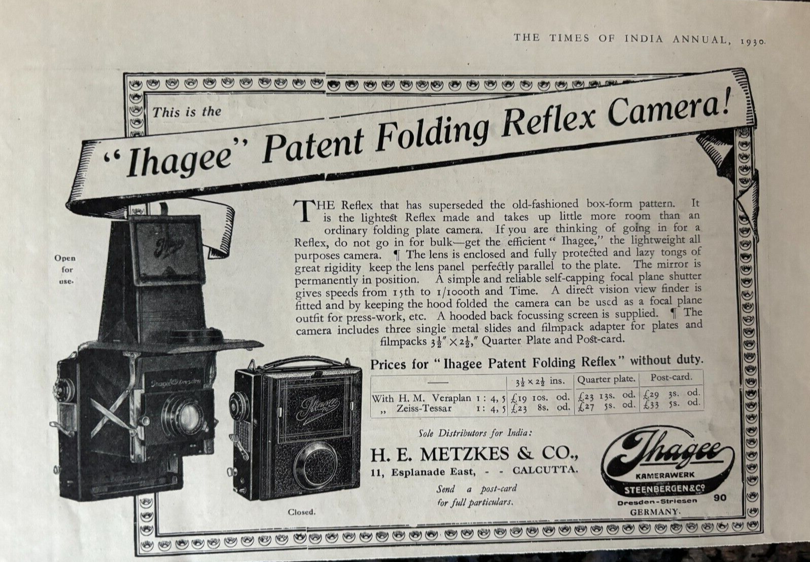 IHAGEE PATENT FOLDING REFLEX CAMERA .H.E. METZKES & CO. 1930 PRINT AD