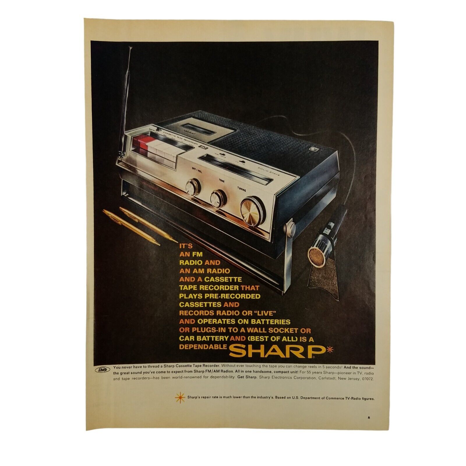 1969 Sharp Vintage Print Ad Its An FM AM Radio Cassette Tape Recorder Dependable