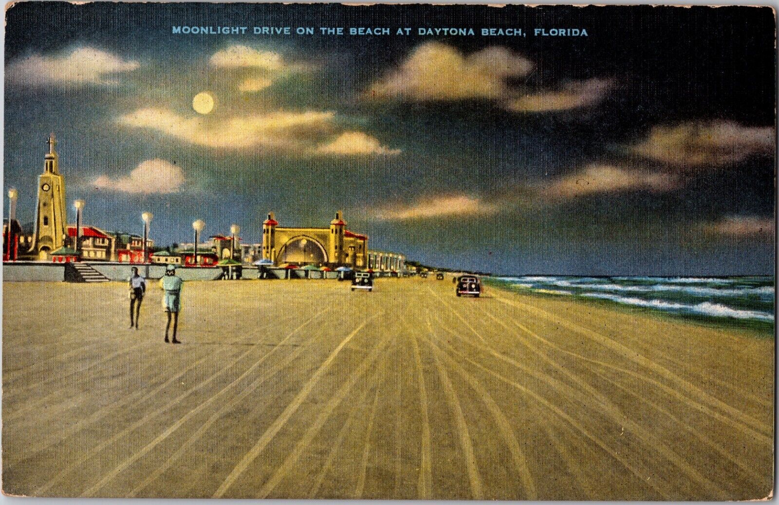 1930s Vintage Postcard Moonlight Drive on Daytona Beach Florida - Amphitheatre