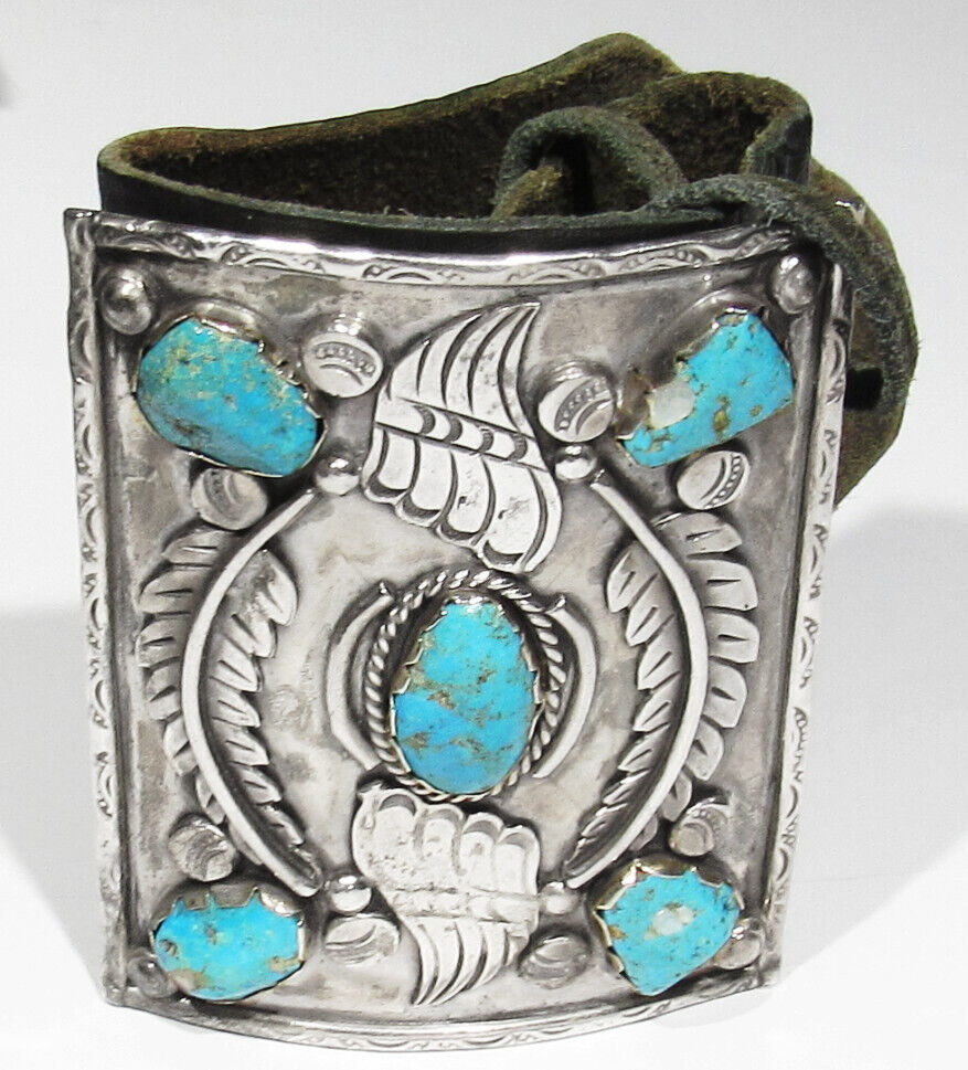 HUGE OLD 1950 SIGNED Hugo Navajo Kingman Turquoise 925 Silver Bow Guard Bracelet