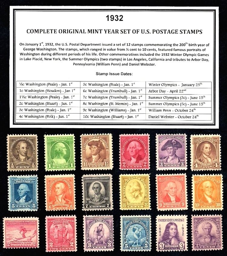 1932 COMPLETE COMMEMORATIVE YEAR SET OF MINT -MNH- VINTAGE U.S. POSTAGE STAMPS