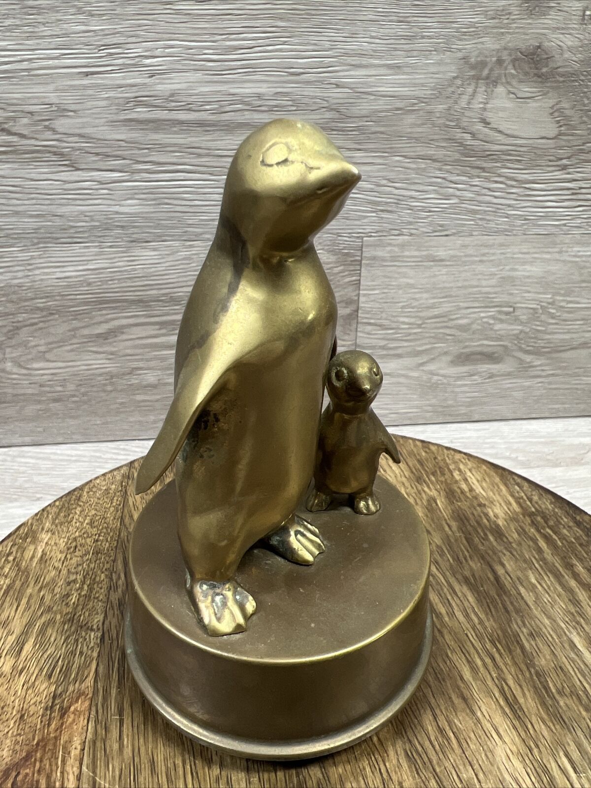Vintage Mid Century Solid Brass Standing Penguin Pair Music Box Works MCM