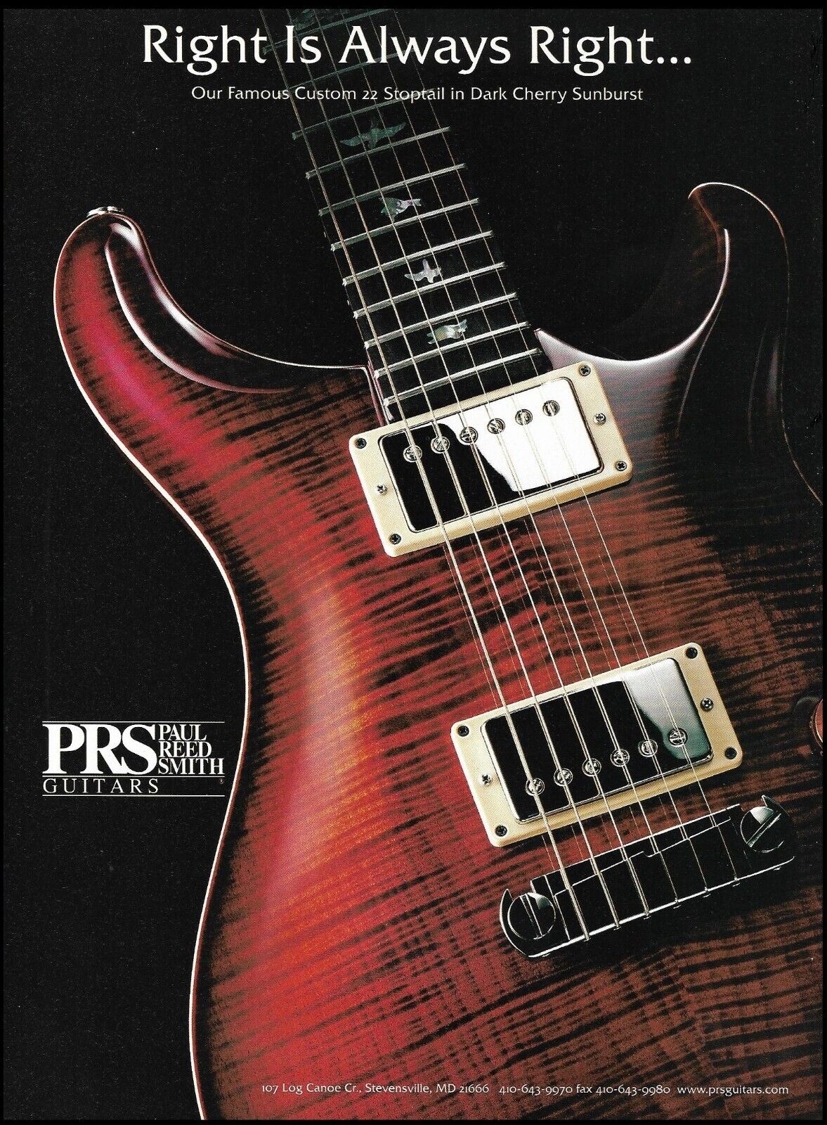 PRS Custom 22 Stoptail Right-Handed guitar advertisement 1999 ad print