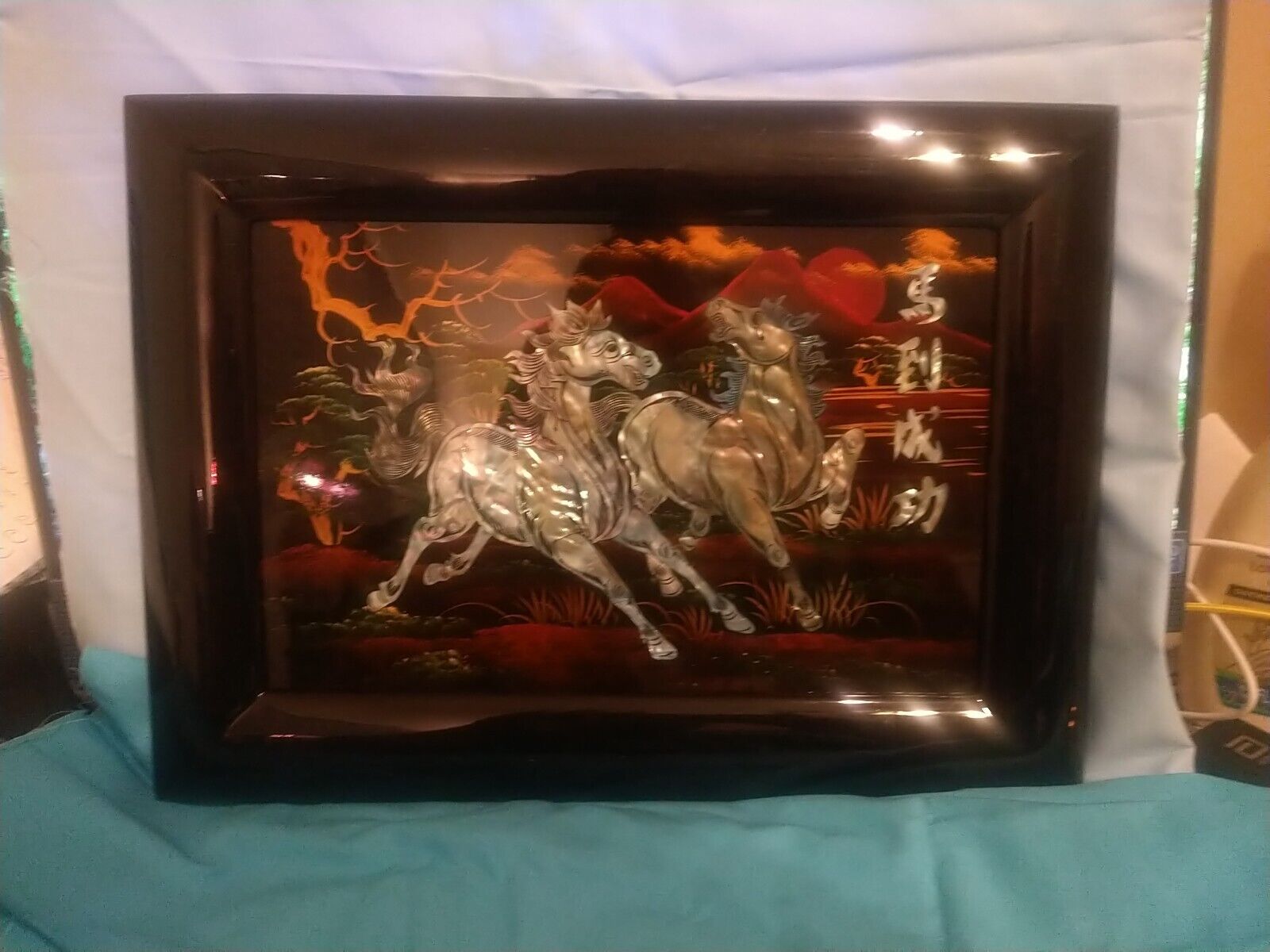  Vtg.  vietnamese lacquer Mother Of Pearl Picture Of Horses
